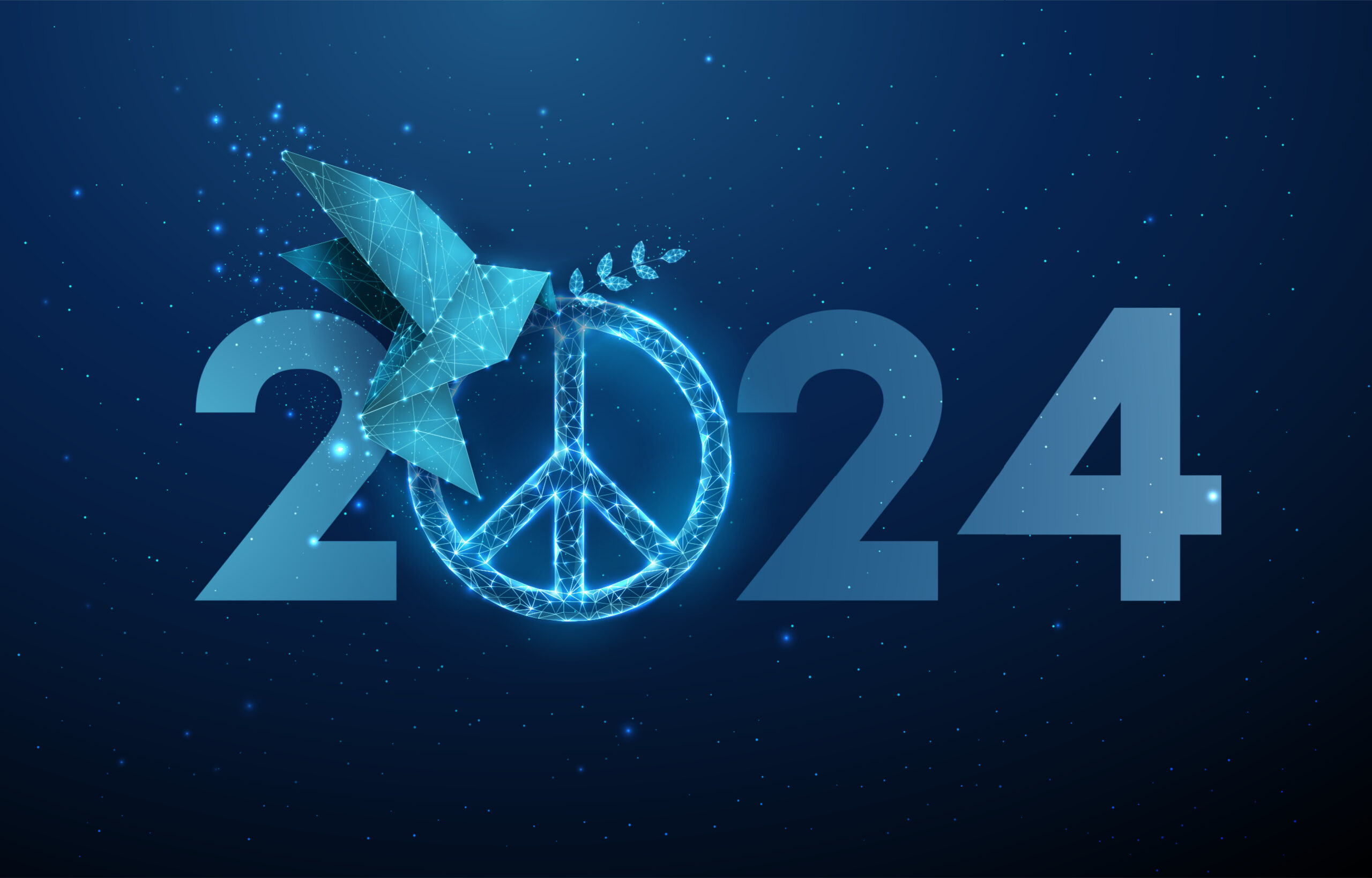 Abstract 2024 image with origami bird with olive branch and peace sign on blue background