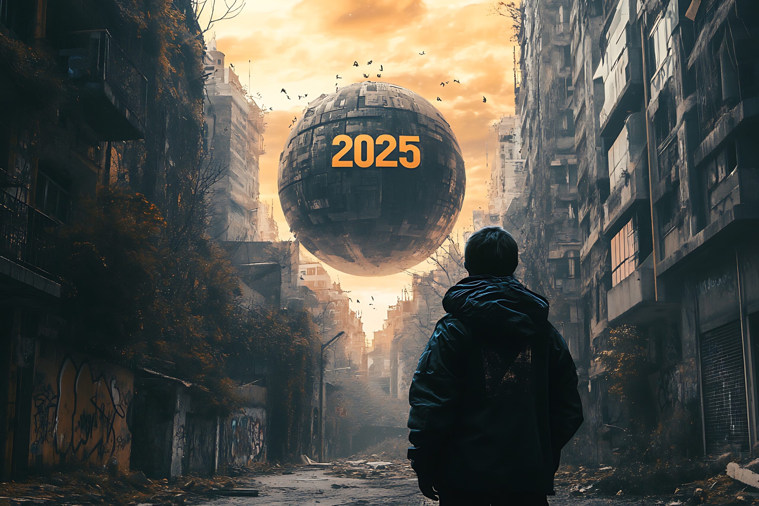 Dystopian Cityscape from behind the figure of a boy with "2025" on a big ball hovering over the street