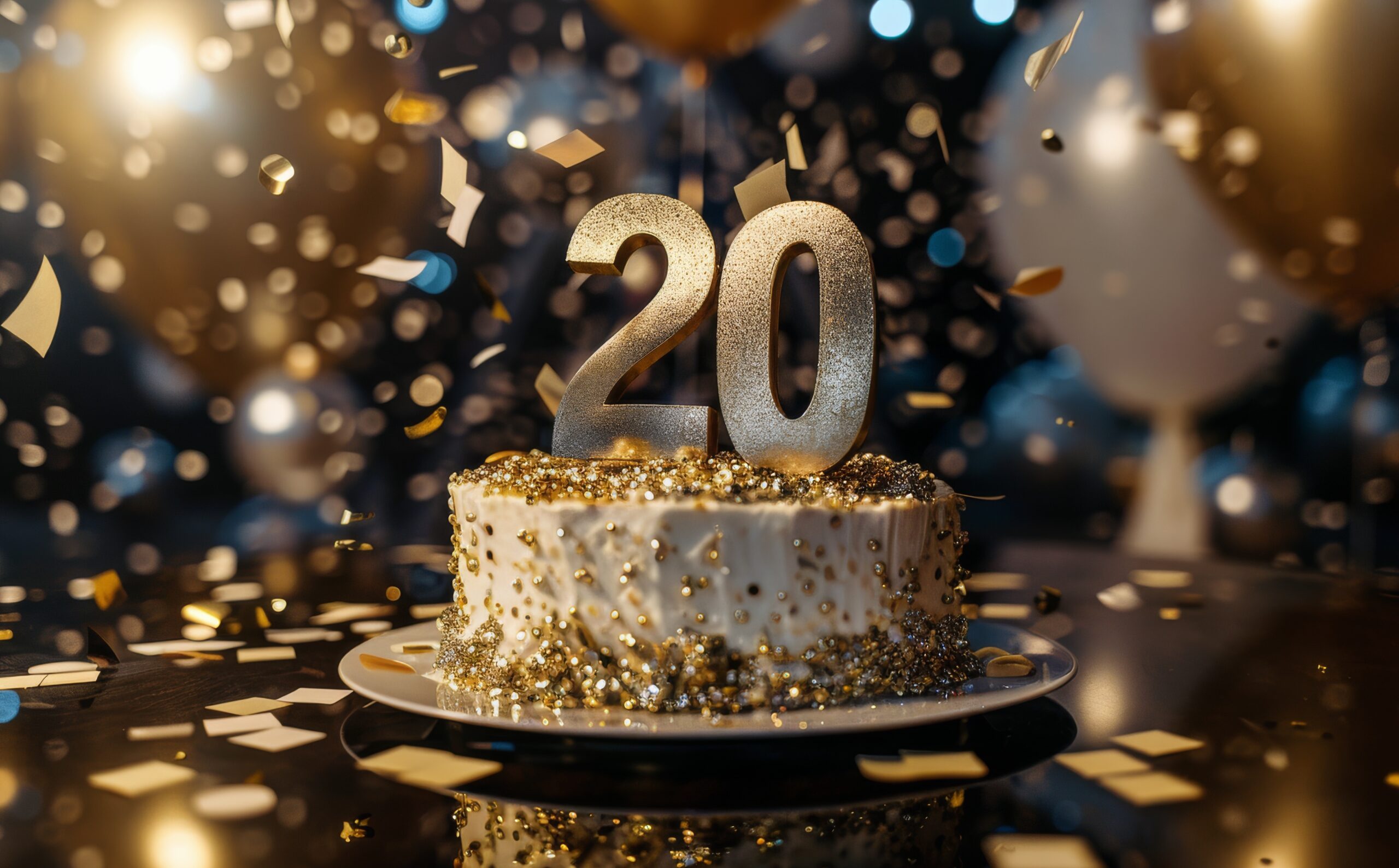 A white cake decorated with gold sprinkles and a 20 topper sits on a table surrounded by gold confetti.