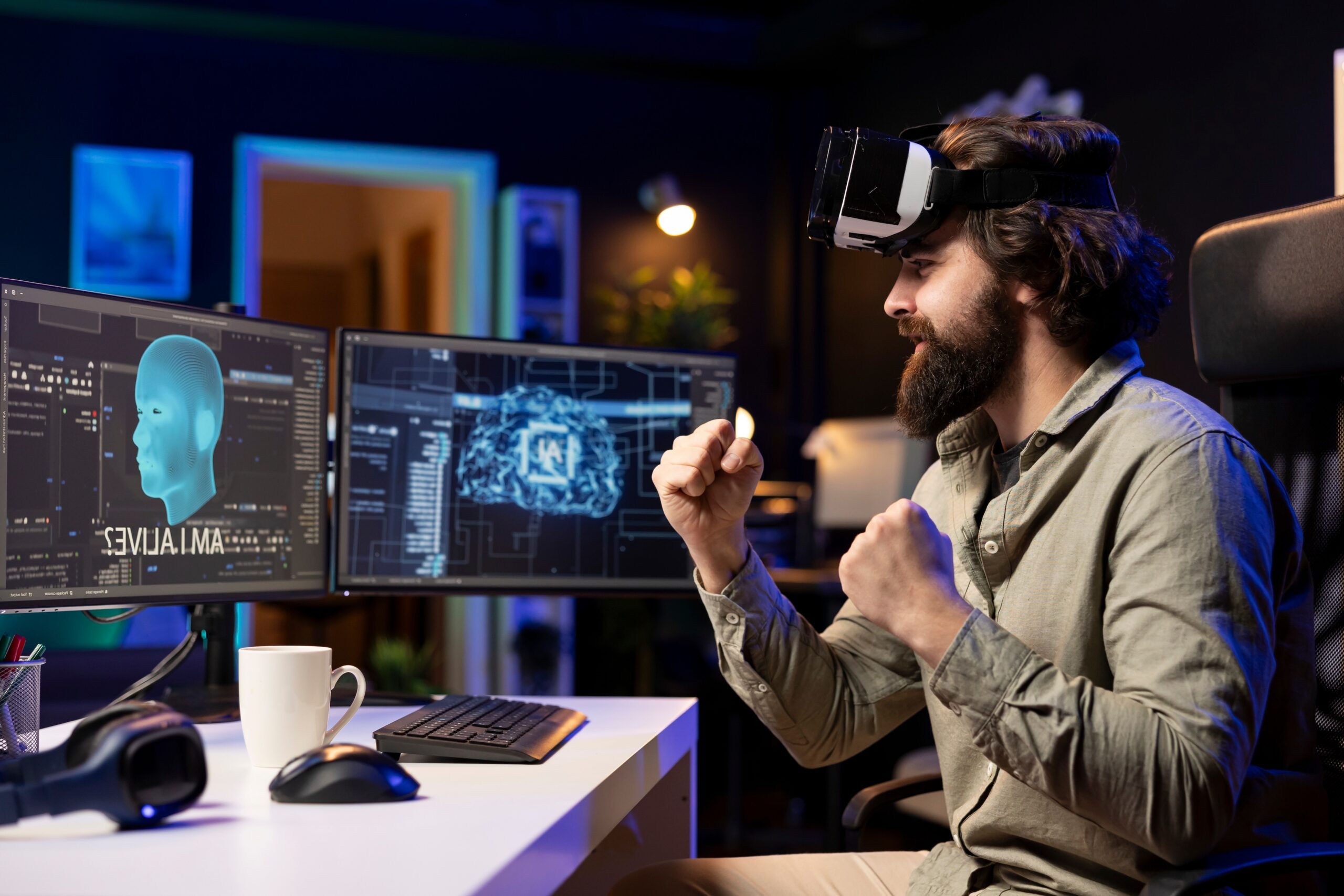 Computer engineer using VR headset with hands clenchec in front of screens representing sentient AI