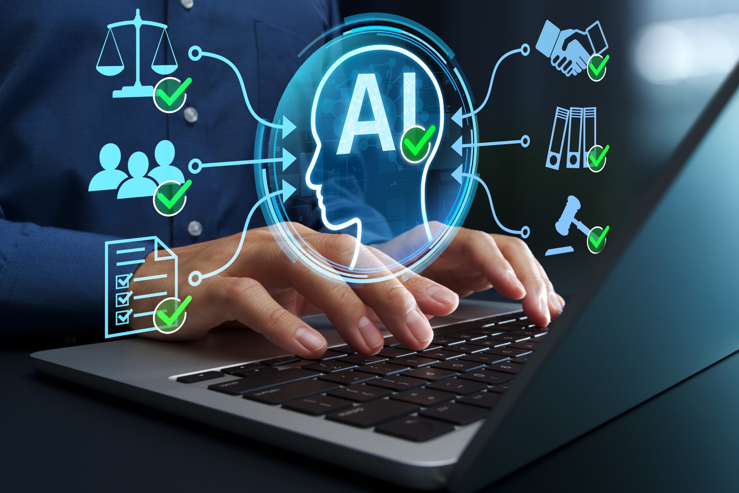 AI symbol in middle of screen with surrounding symbols for law, community, compliance, etc.