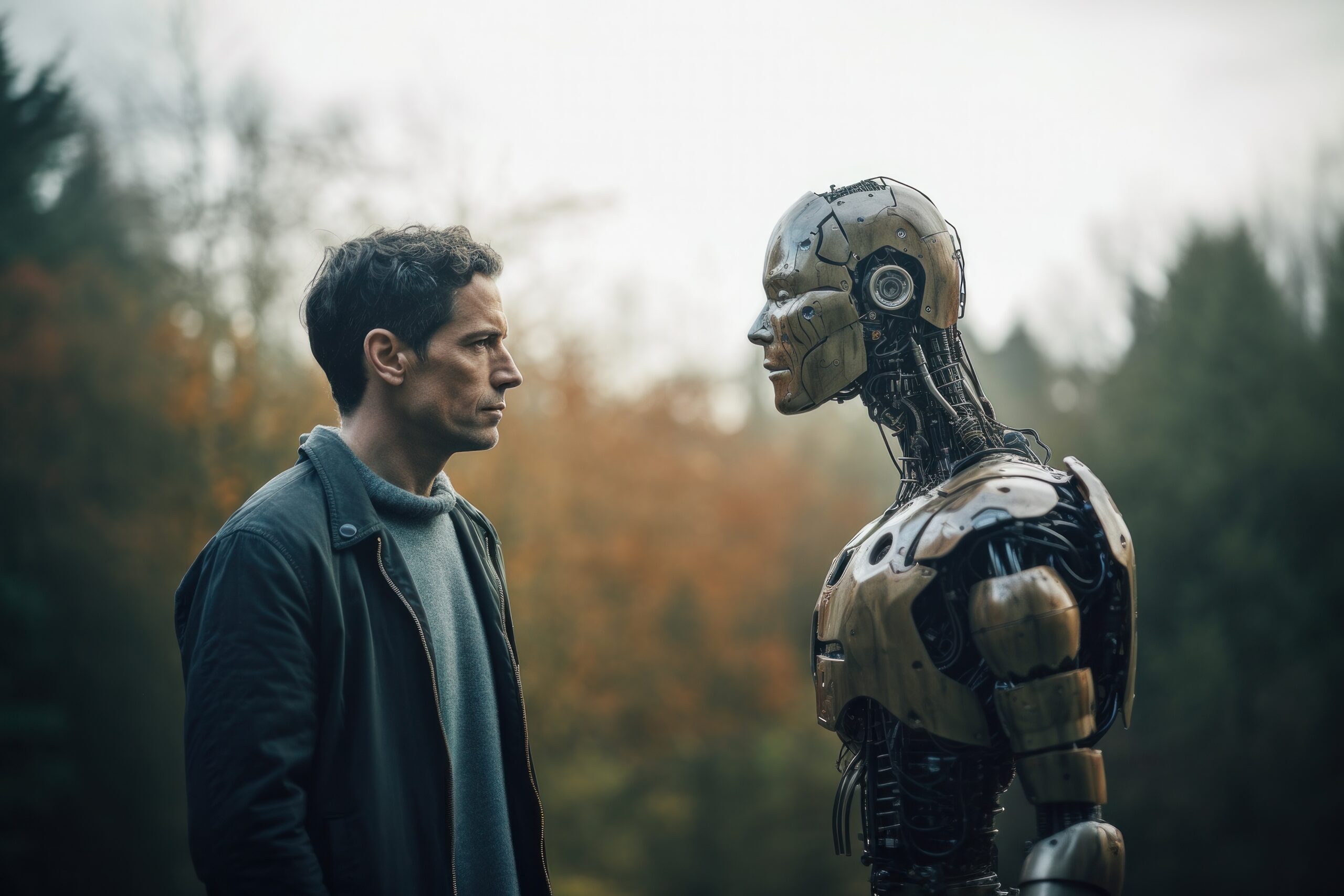 Anxious man facing robot