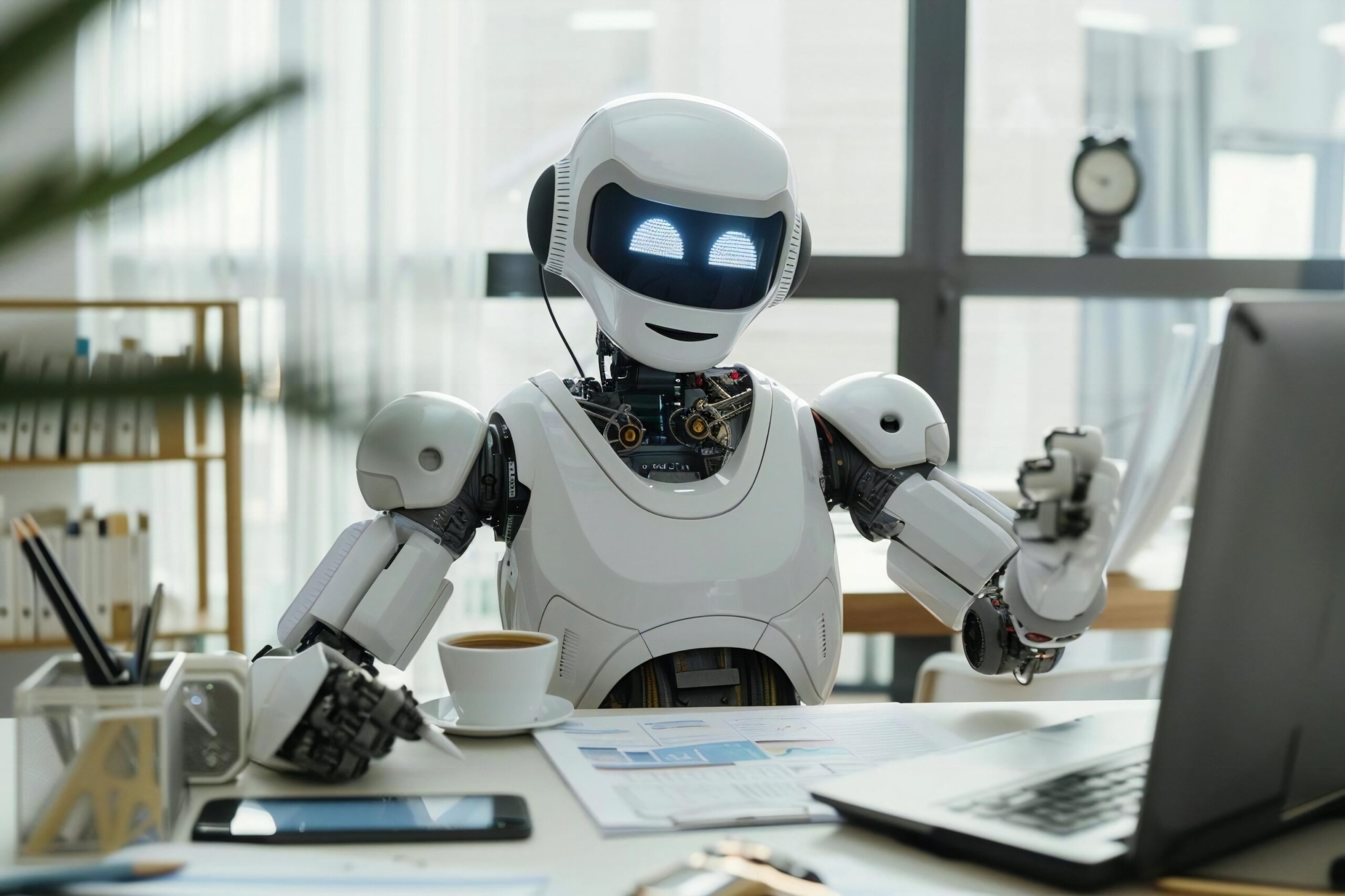 Robot working on computer with a cup of coffee on the desk