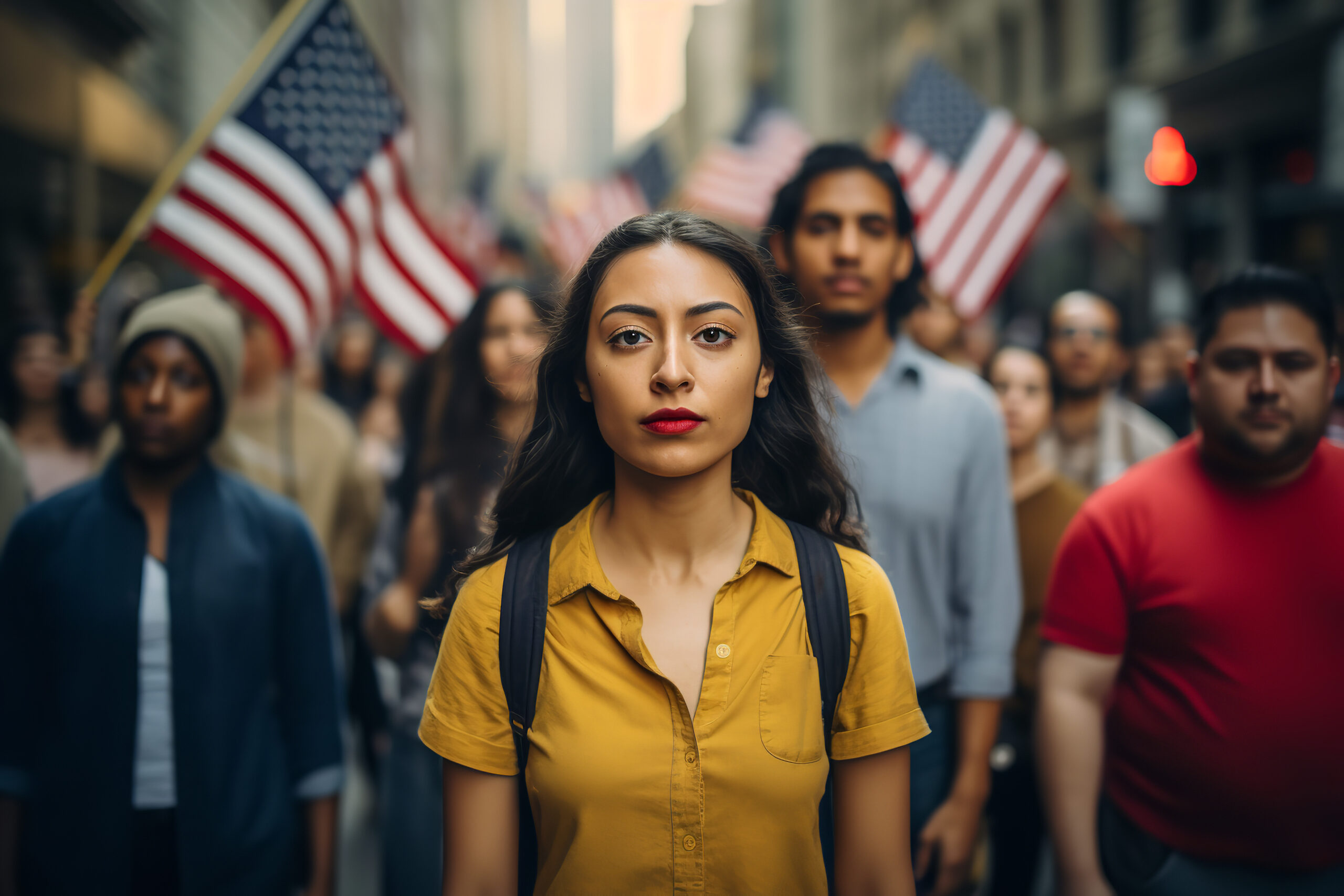 Young woman in front of a group of persons, some holding the American flag