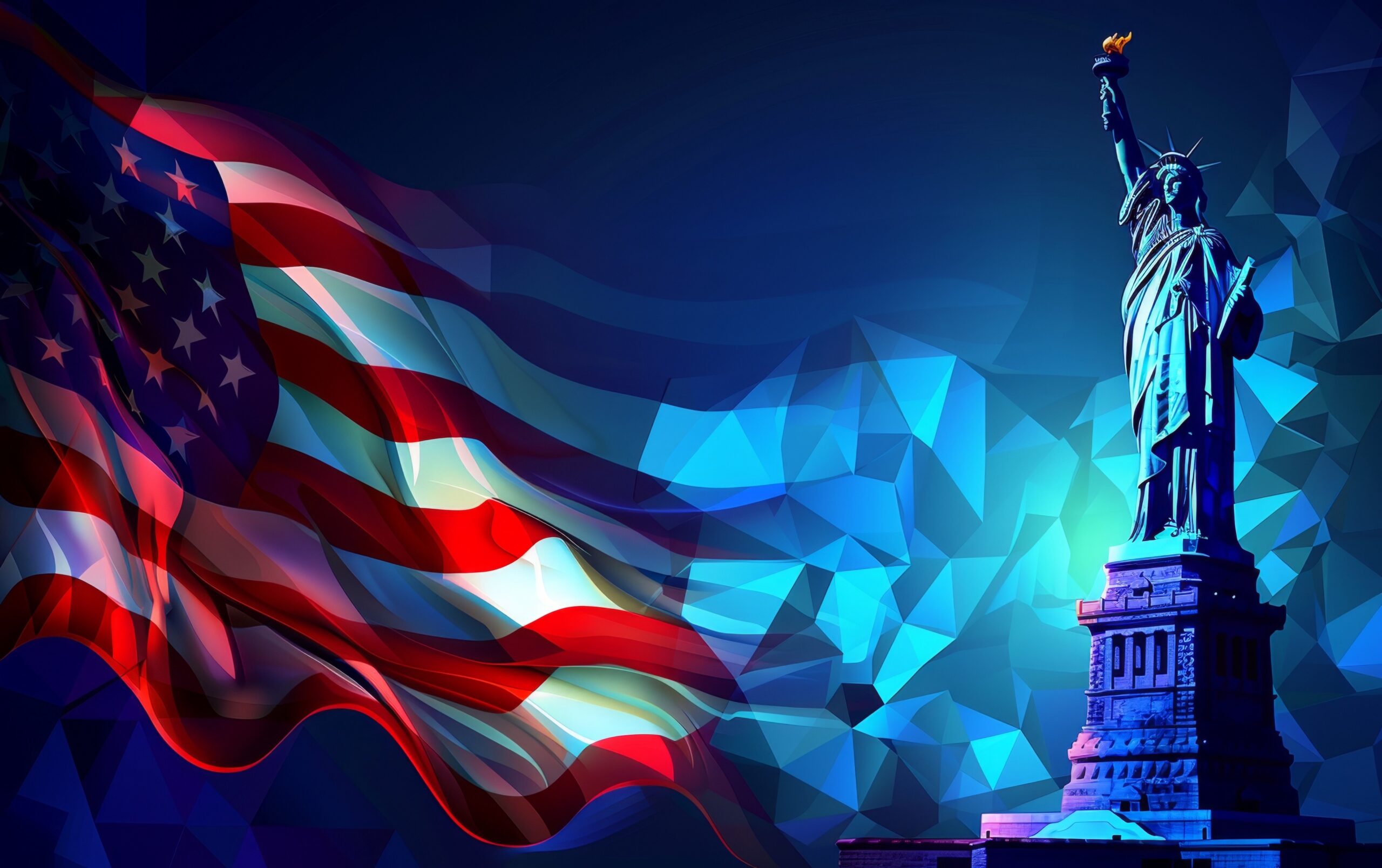 American flag with the Statue of Liberty in front. The background is a dark blue