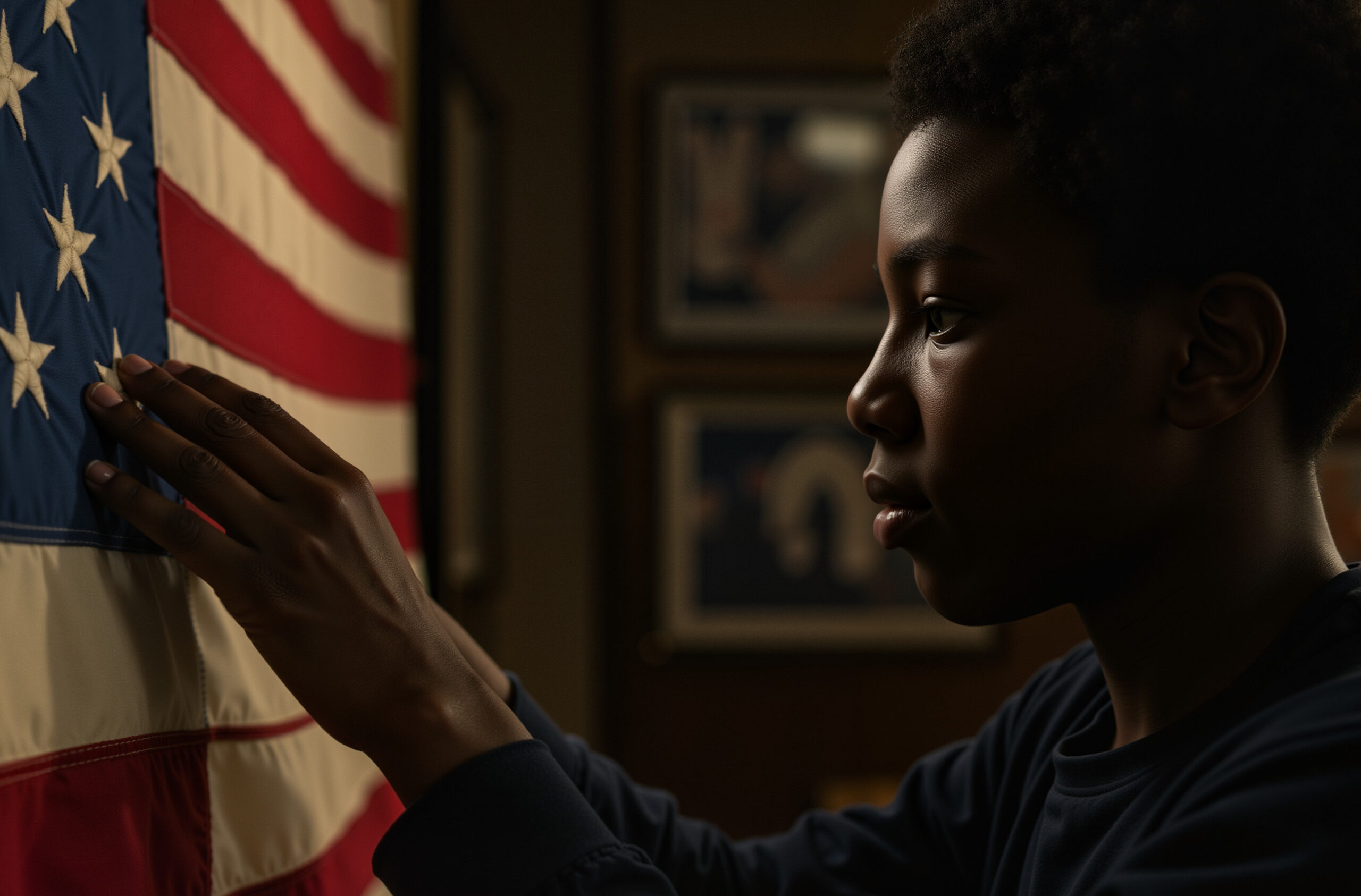 Young Black boy solemnly touching American flag indoors
