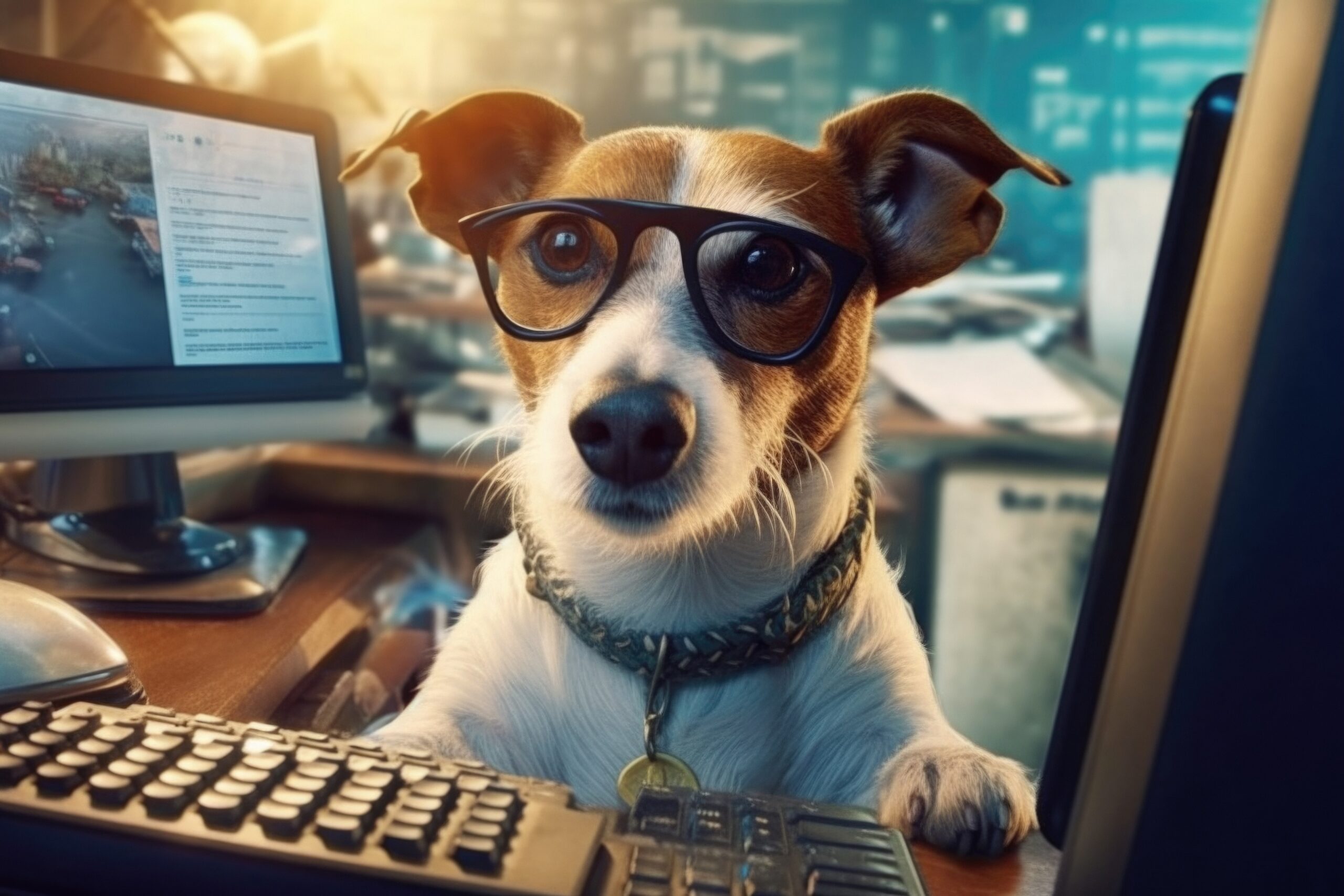 (AI) Dog with glasses in front of computer keyboard with monitor in background