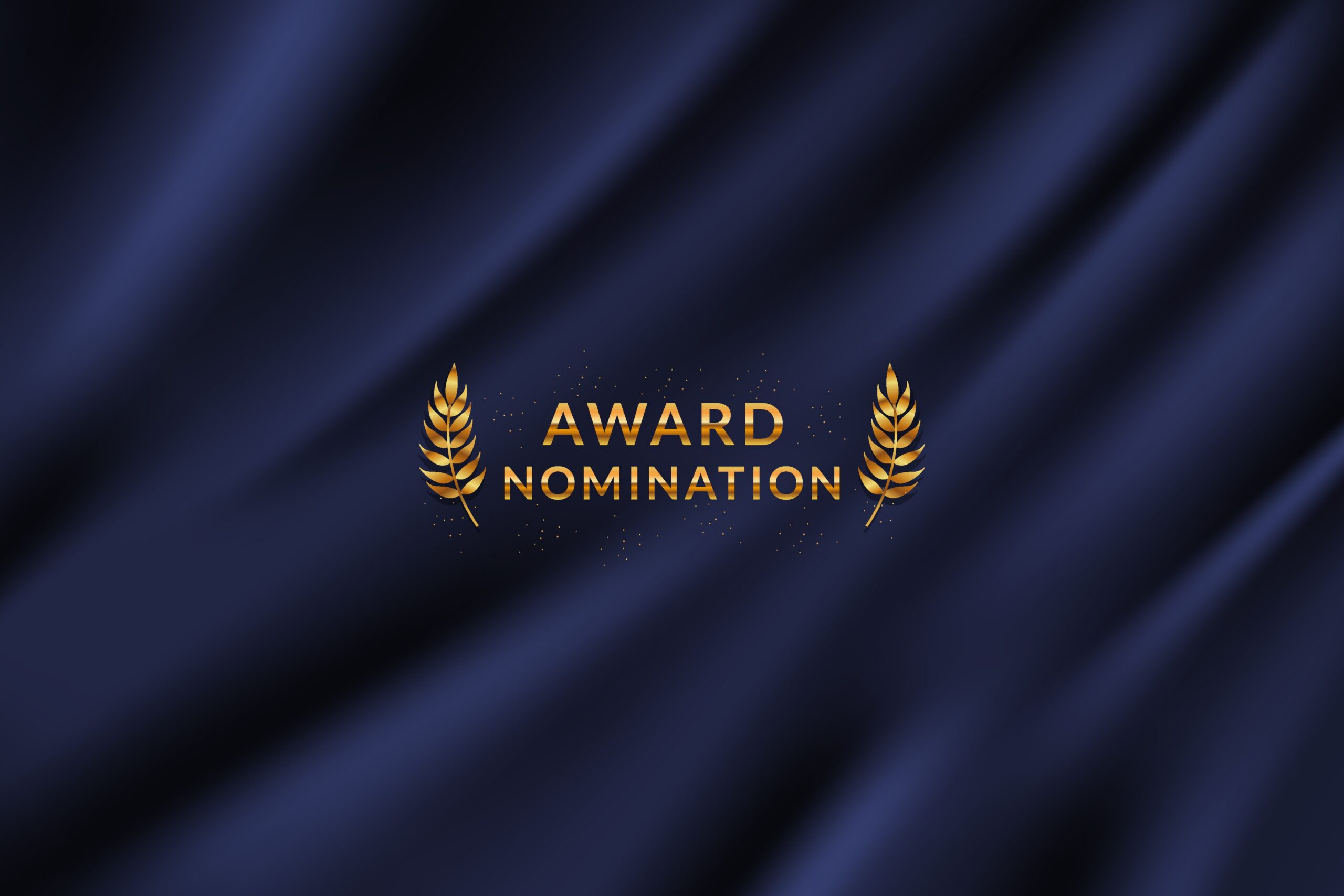 Award nomination ceremony luxury background with dark blue curtain cloth drape with golden wreath leaves