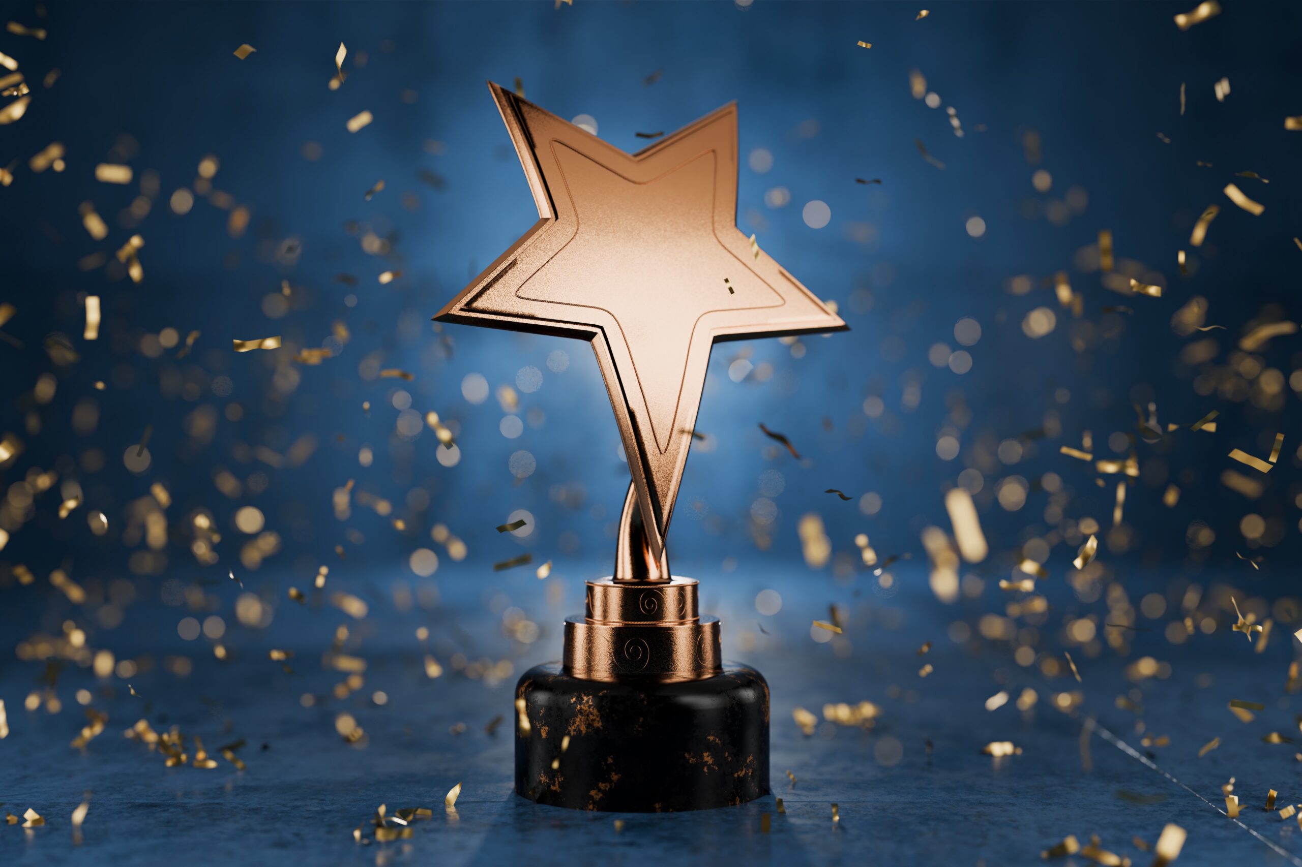 Gold star award with a blue background and confetti