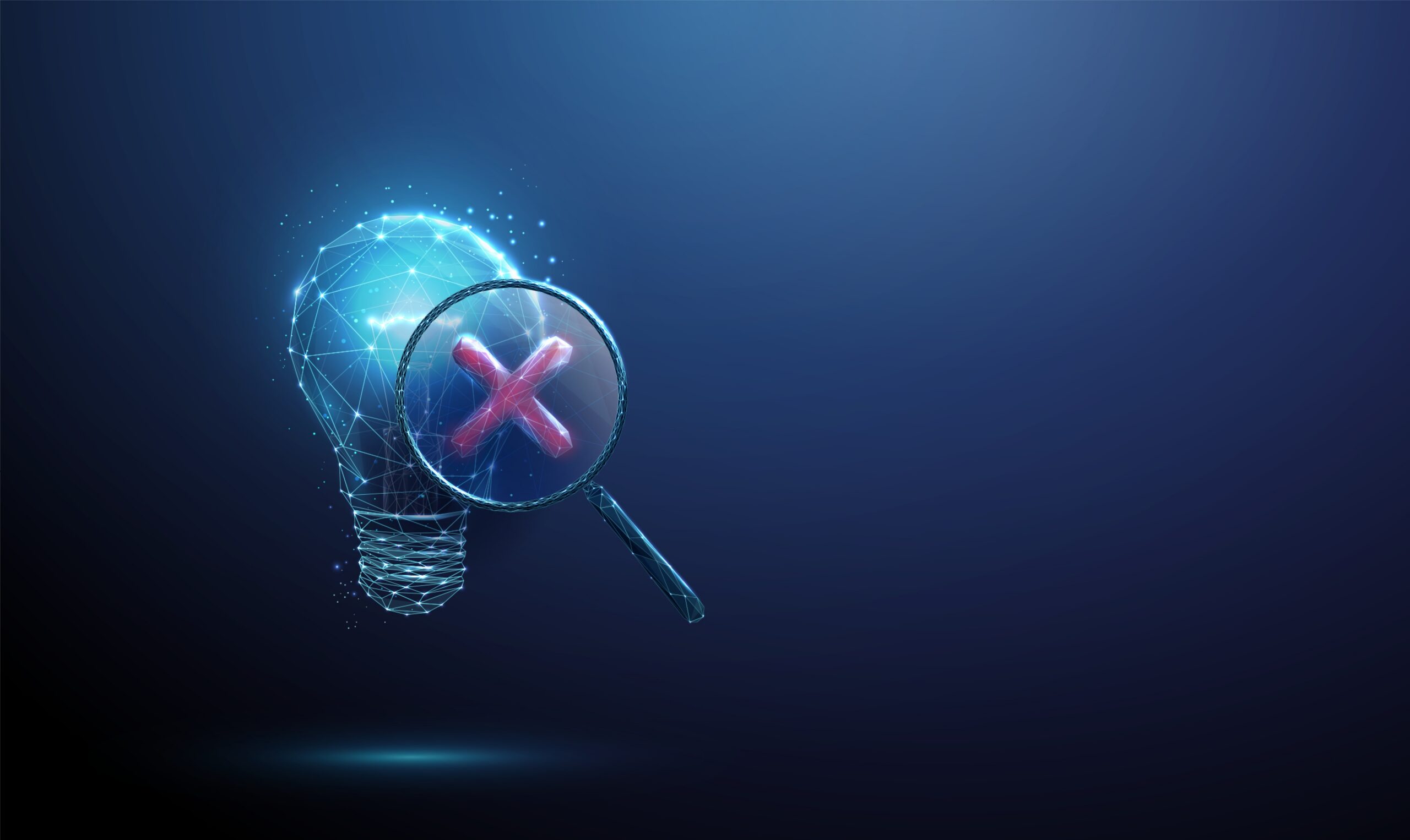 3d light bulb under magnifying glass with red cross. Rejected idea, failed innovation, quality control alert, unreliable solution, rejected insight, invalid concept.