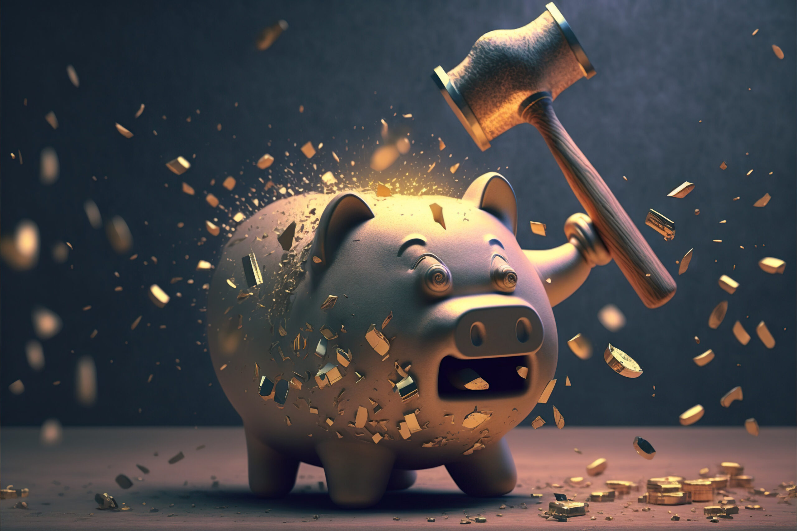 Piggy bank hitting itself with hammer and shatters into pieces