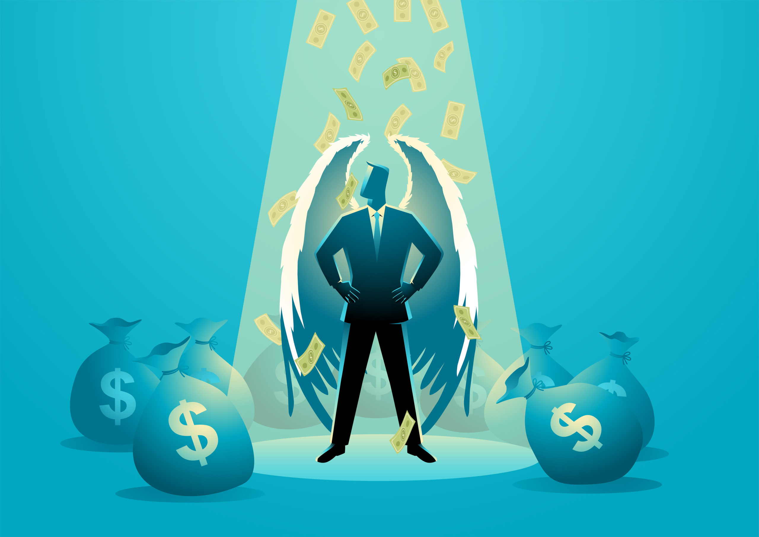 Business concept vector illustration of an angel businessman standing under spotlight with money rain and bags around him.