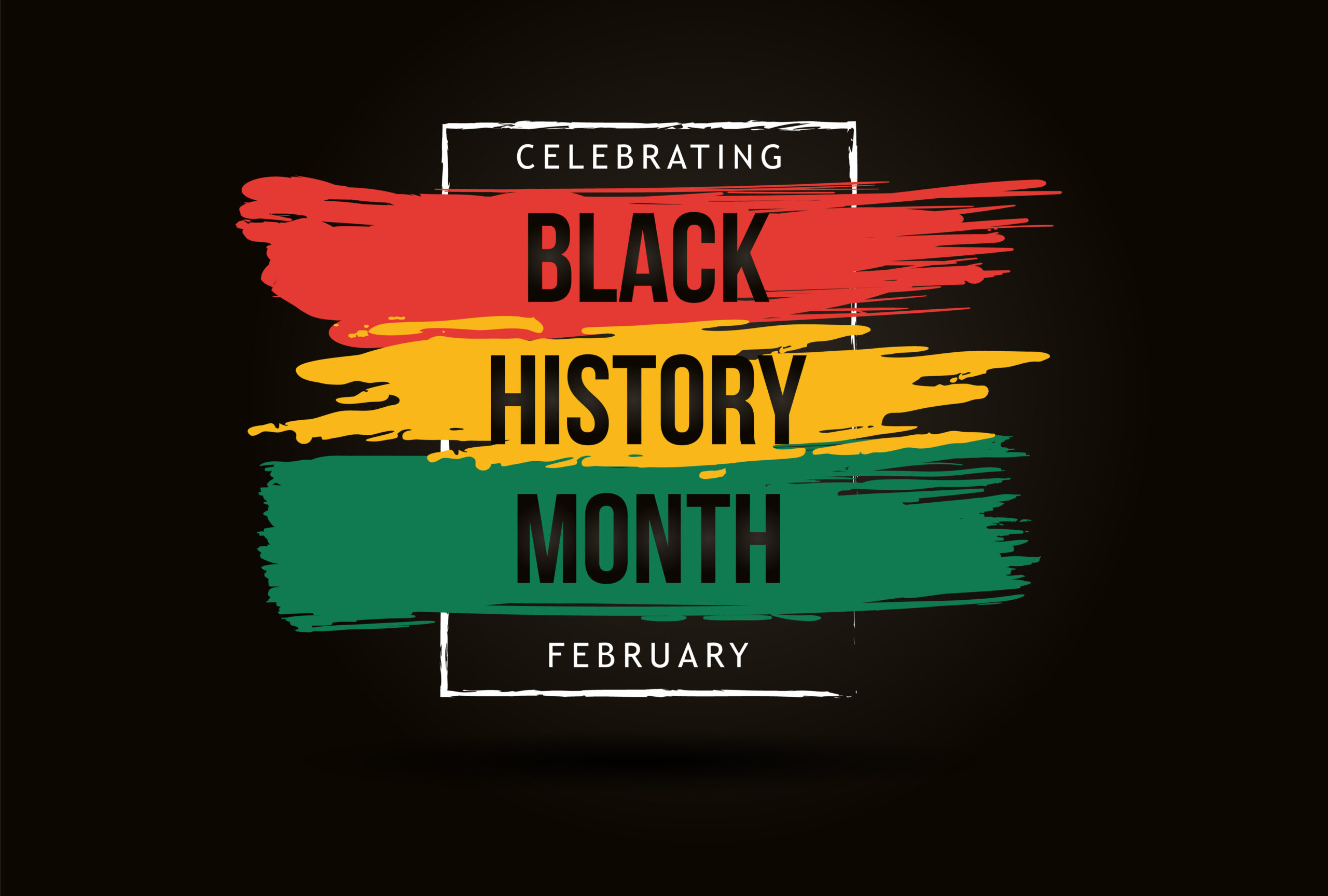 Celebrating Black History Month illustration with red, yellow, and green streaks over a black background