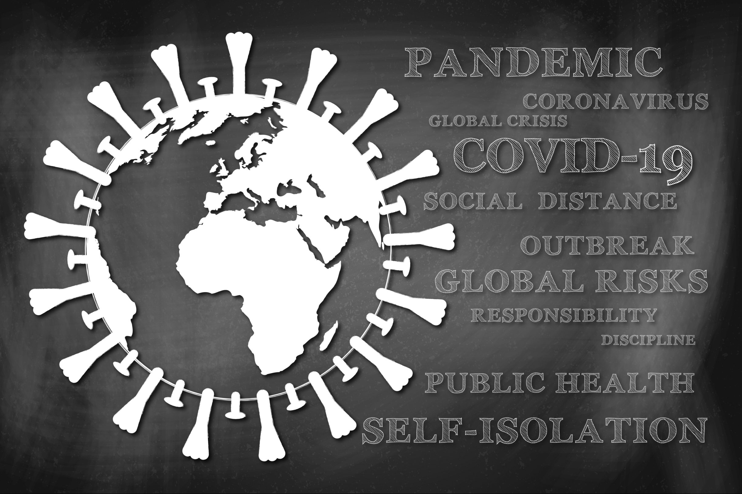 Globe shaped like Coronavirus with associated word cloud re pandemic