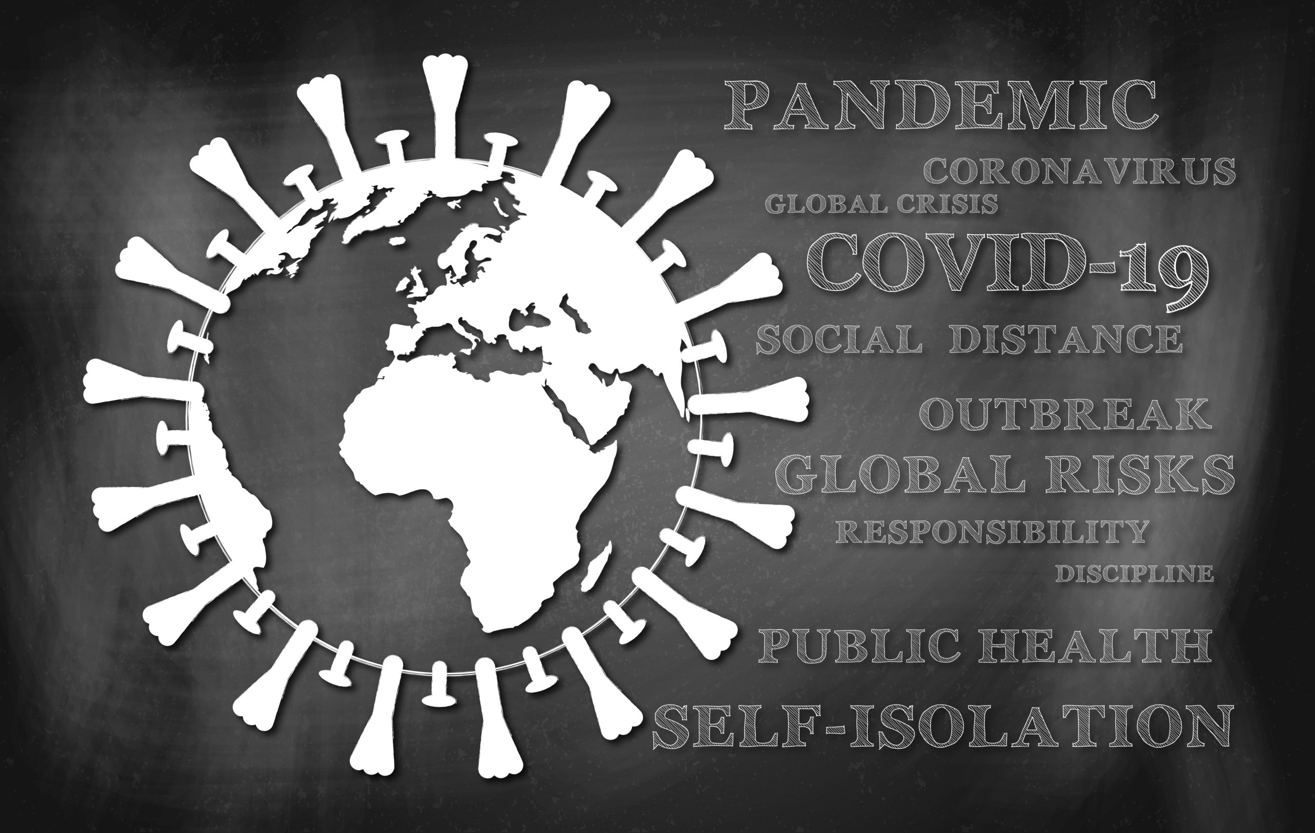Globe shaped like Coronavirus with associated word cloud re pandemic
