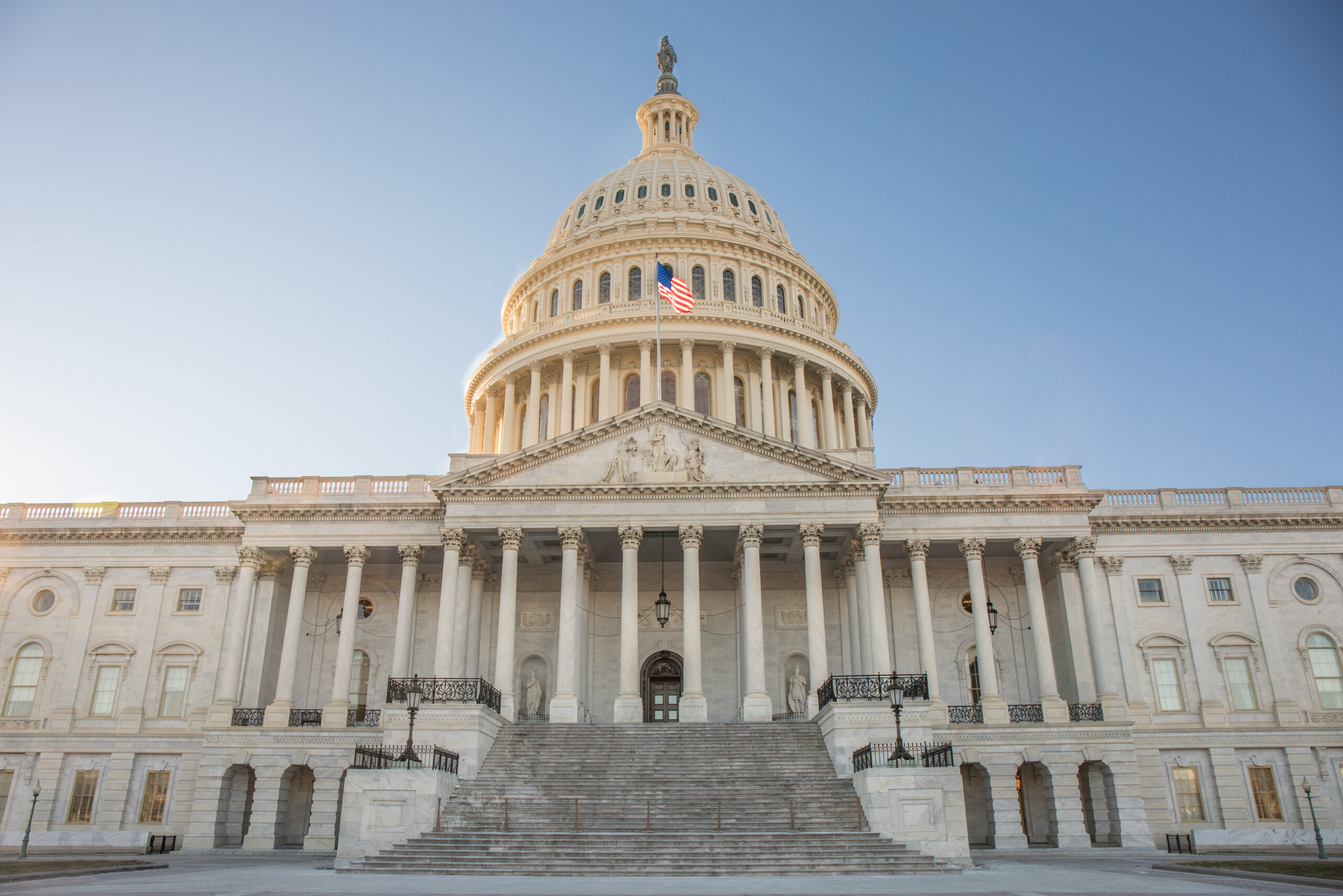 Wide view of the front of the US Capitol Building in Washington, DC