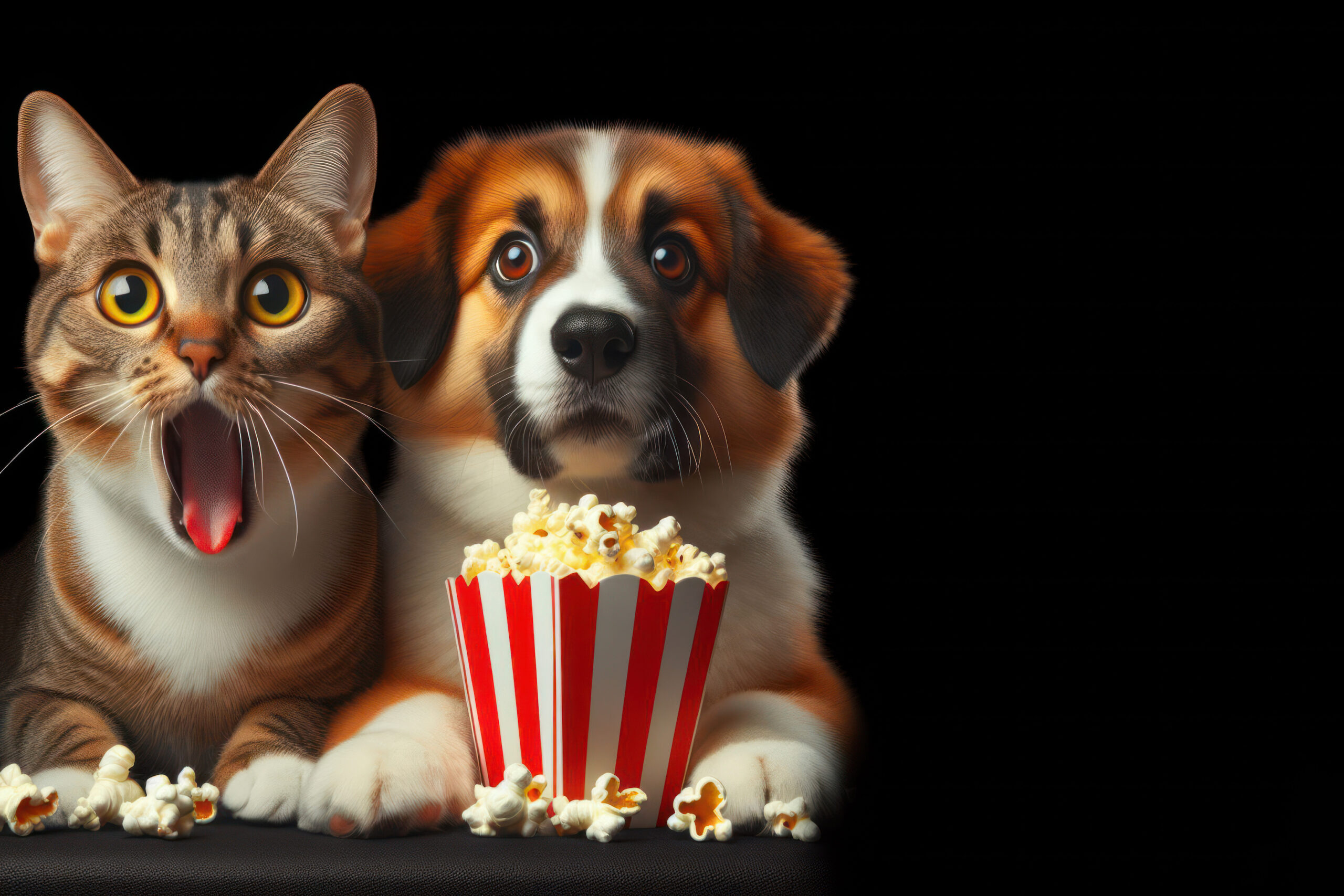 Gen AI: Surprised cat and dog eat popcorn Isolated on black background copy space.