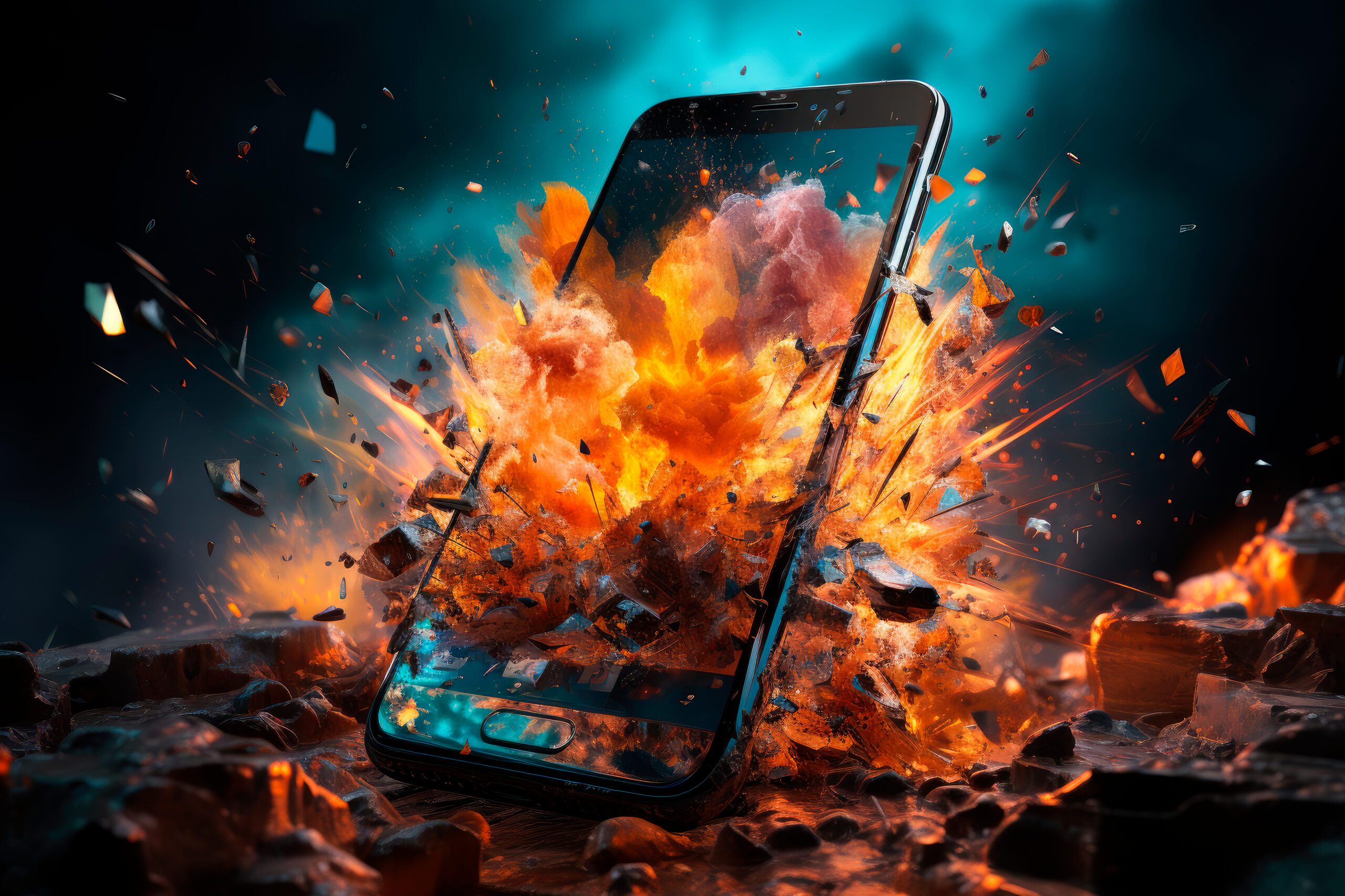 Smartphone explosion on dark background.