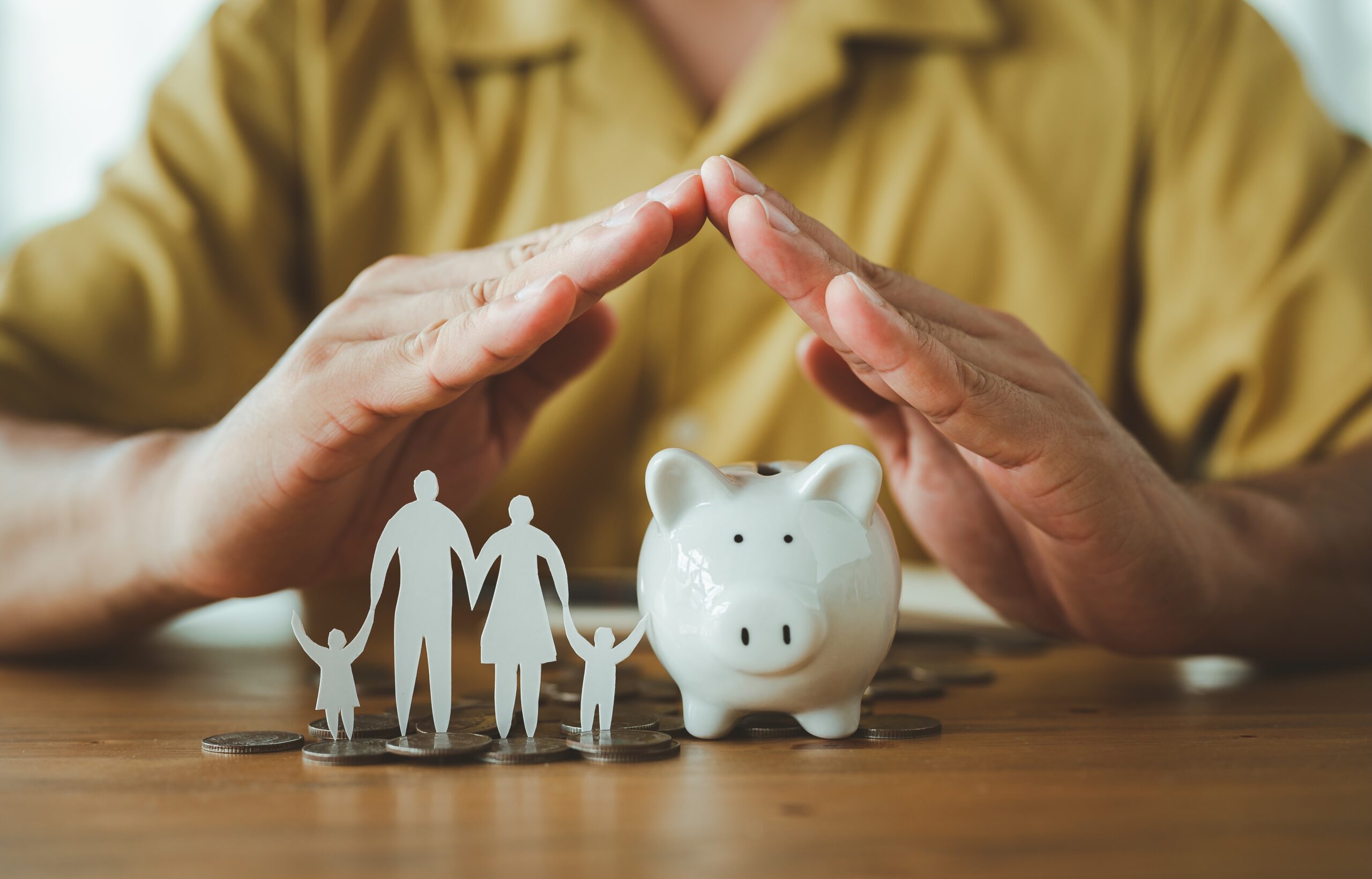Hands positioned as a roof over piggybank and paper cut out of two adults and two children holding hands