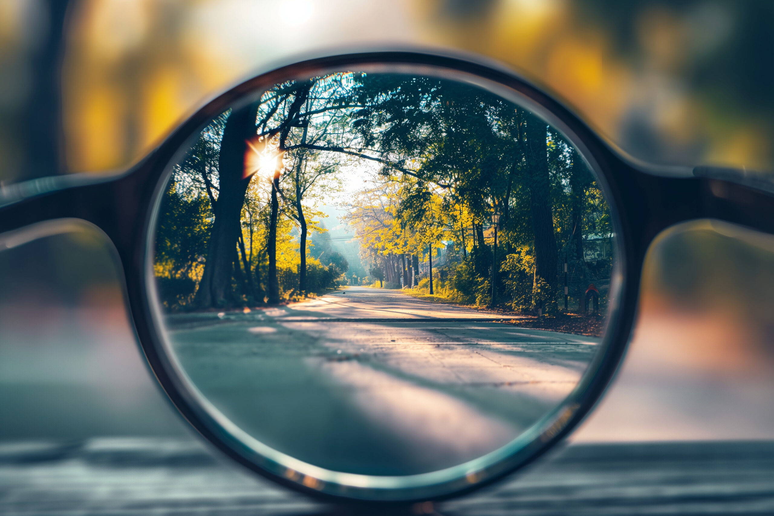 Clear image of scenic forest pathway seen through glasses