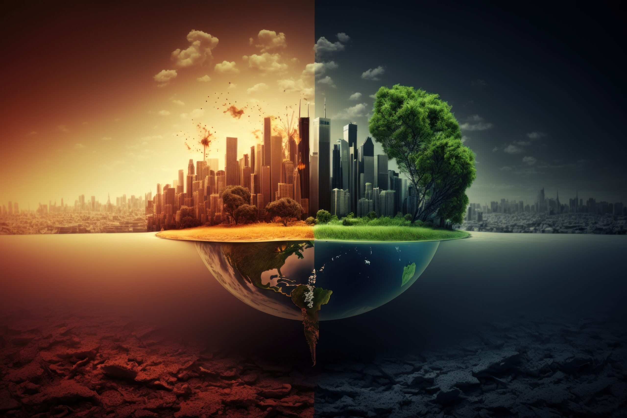 Climate change concept - illustration of two sides of a city, left side adversely impacted, right side still healthy and green