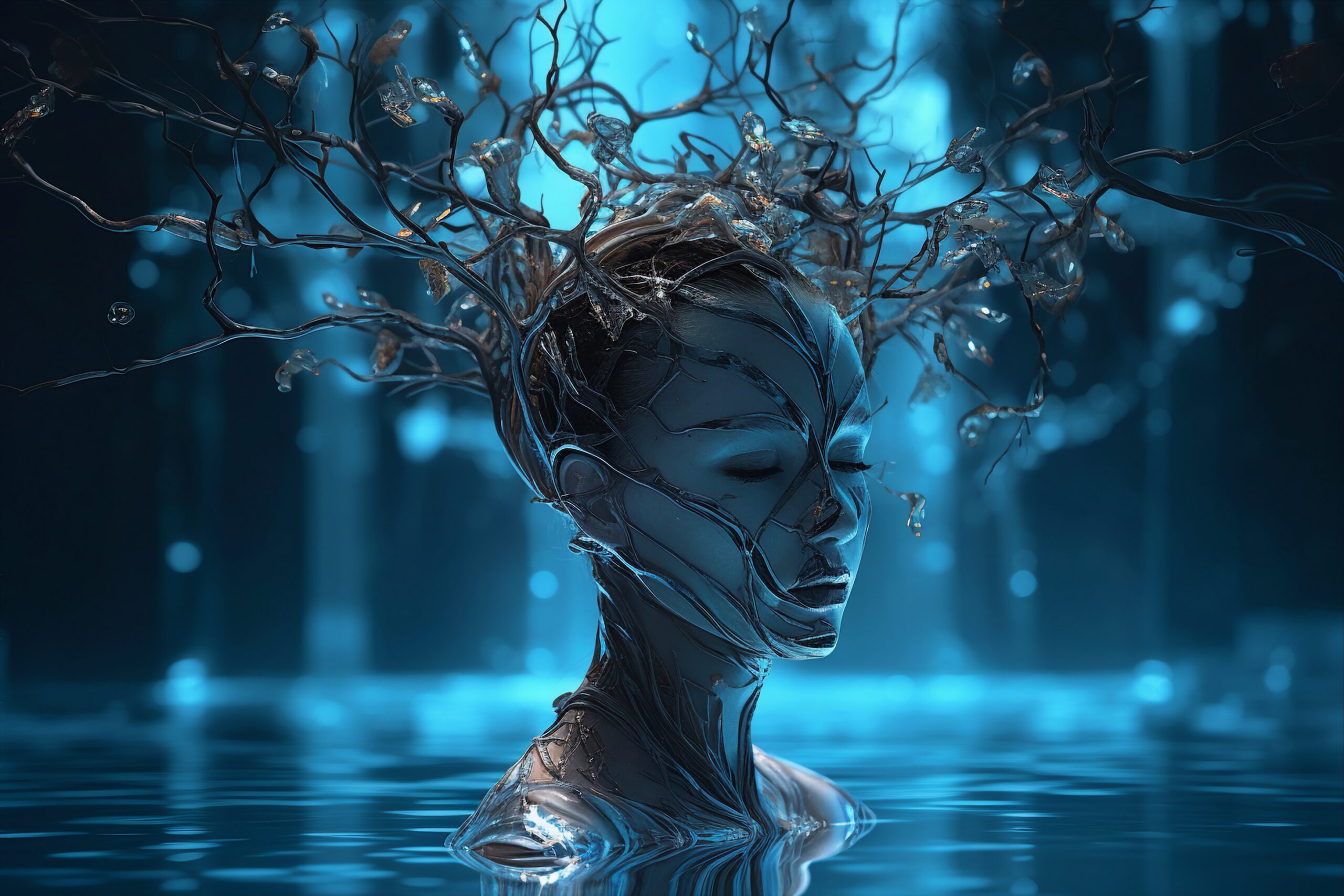Surreal template generated ai collage of mysterious creature lady in fairytale water queen awake at dark night under moonlight.
