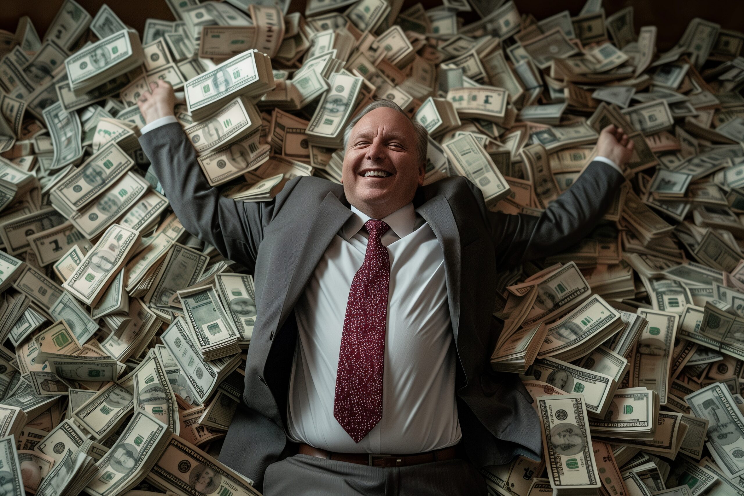 White Businessman in Suit Rolling Around in Money