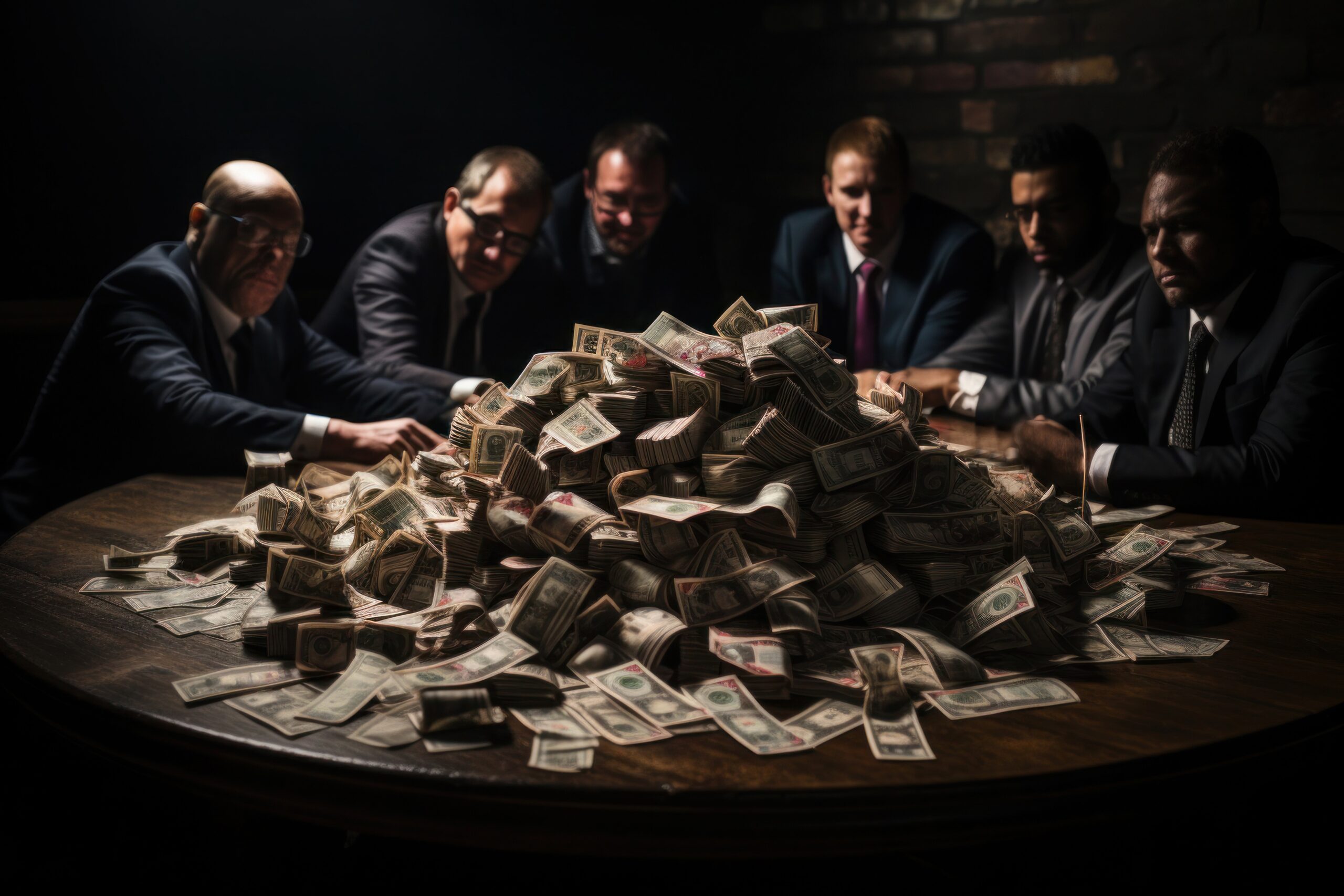 5 men in suits around a table piled with cash