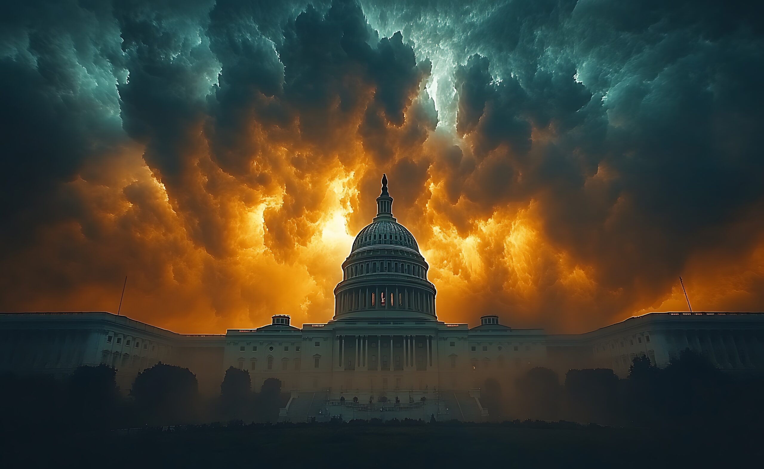 Dramatic sunset illuminates the US Capitol Building in Washington, DC, under a stormy sky. AI