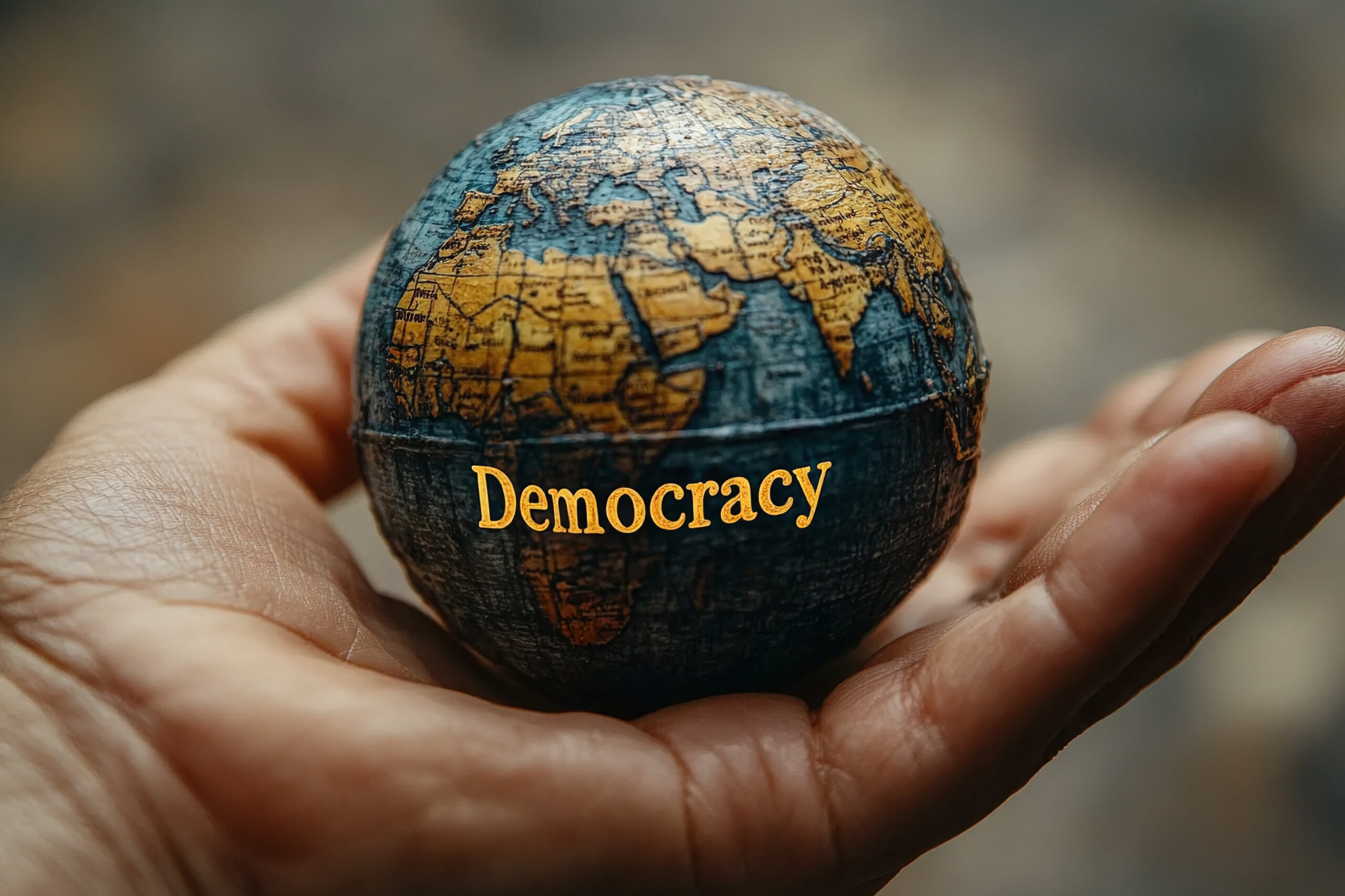 A close-up of a hand holding a miniature globe with "Democracy" written on it.