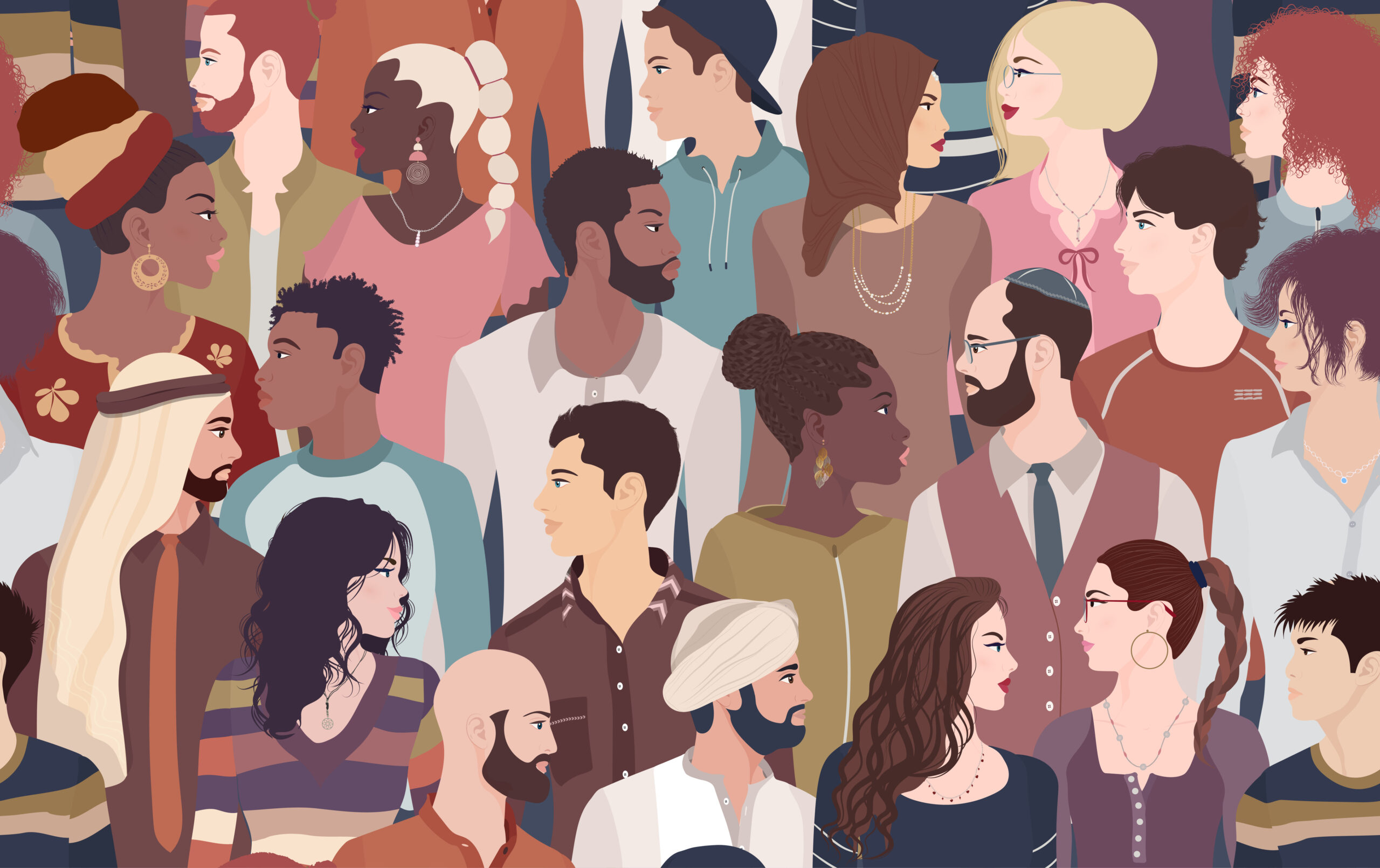 Group of men and women profile of diverse culture. Illustration.