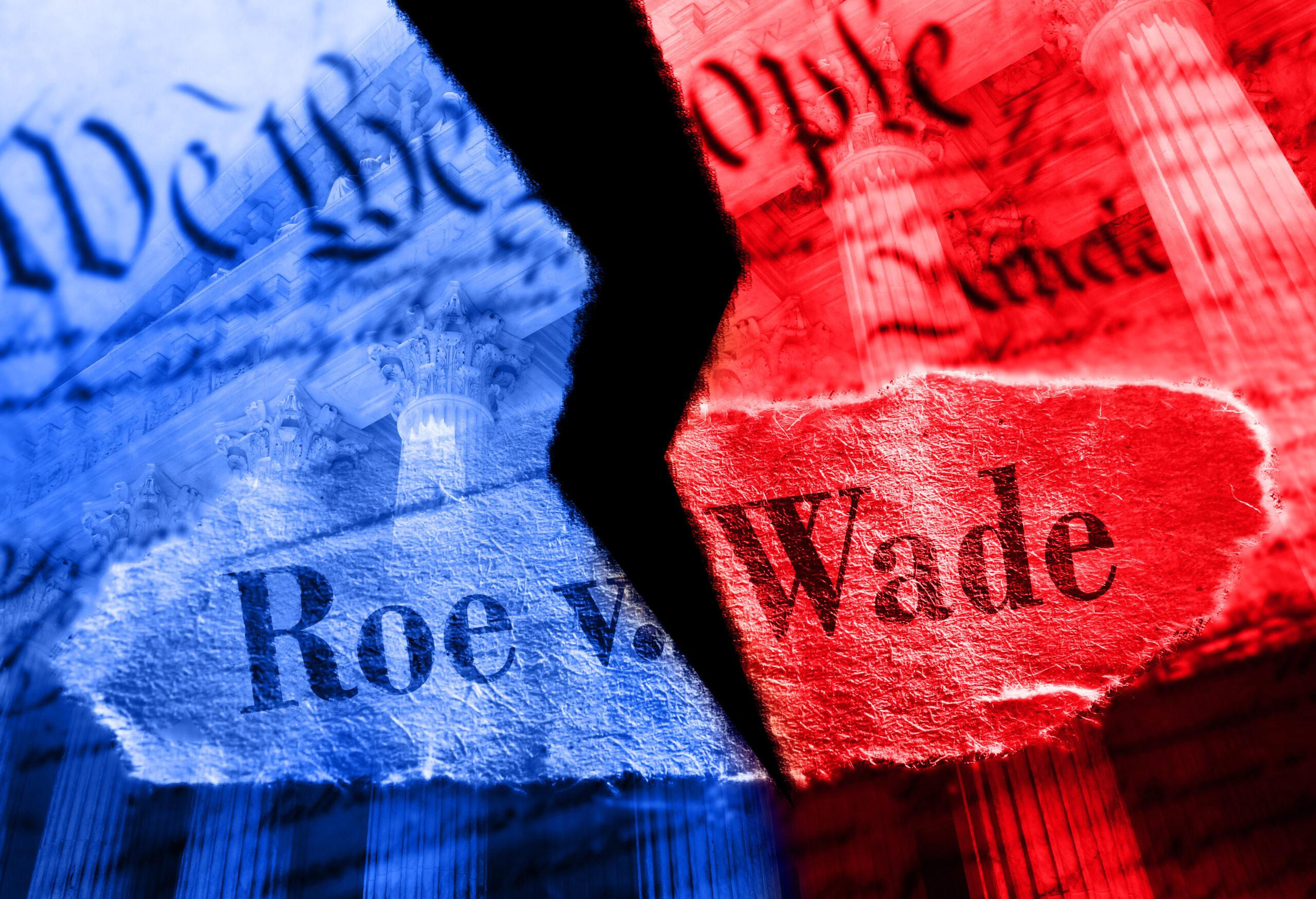 Torn Roe V Wade newspaper headline in red and blue on the US Constitution with the United States Supreme Court in background