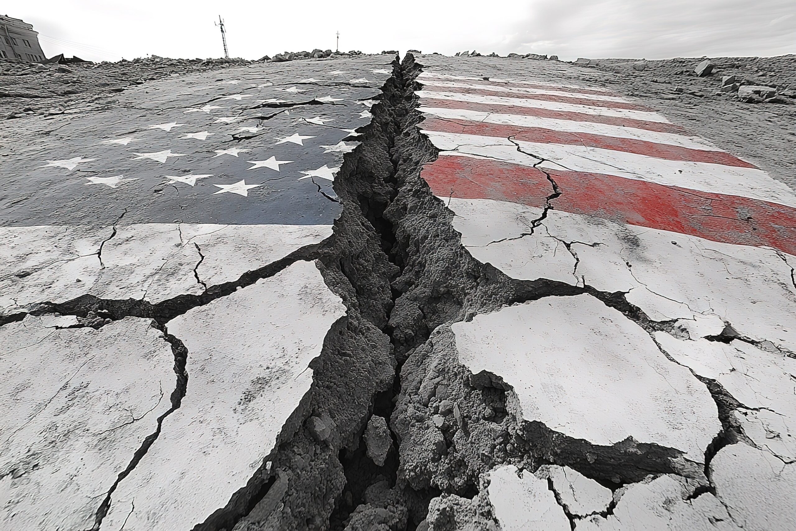 A cracked and divided American flag painted on the ground.