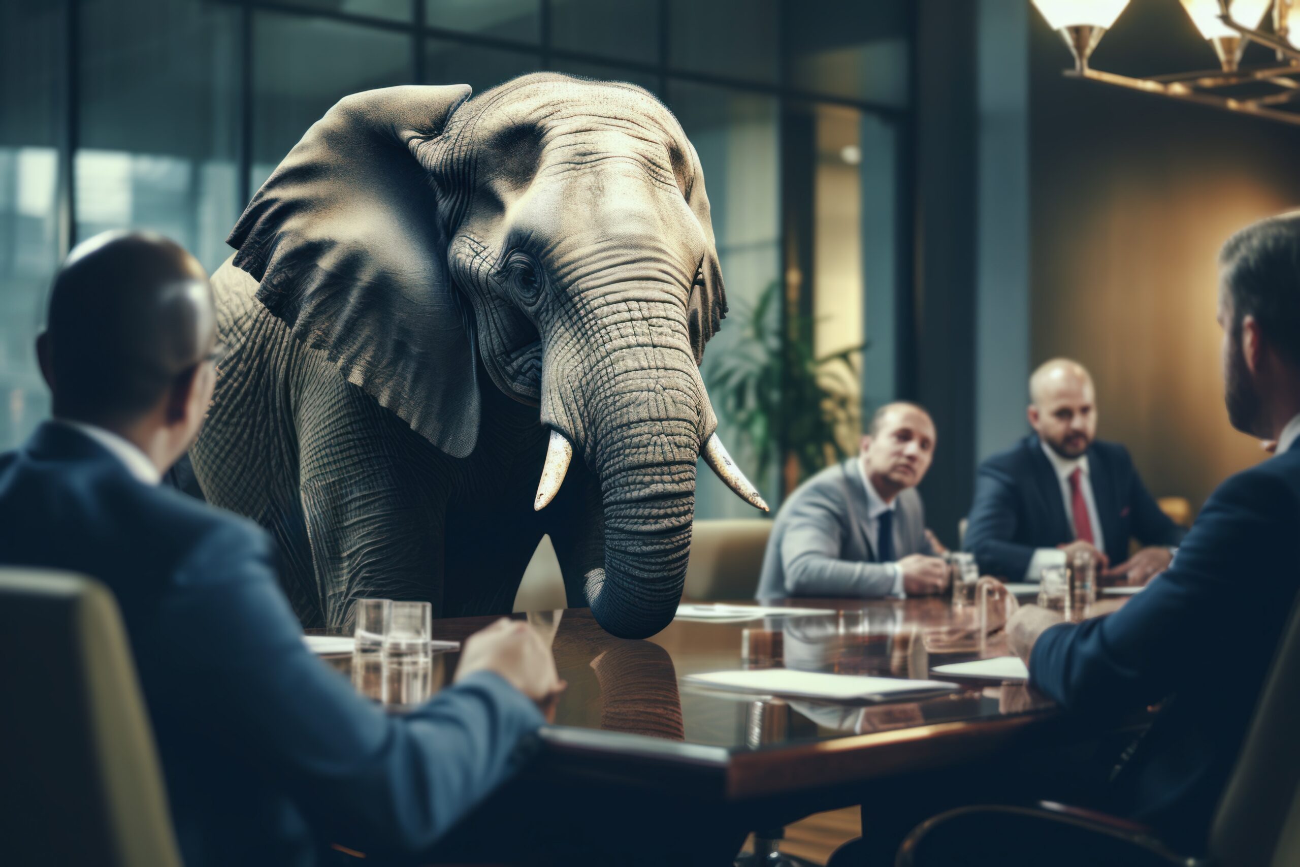 elephant in the room with business people around a desk (AI)