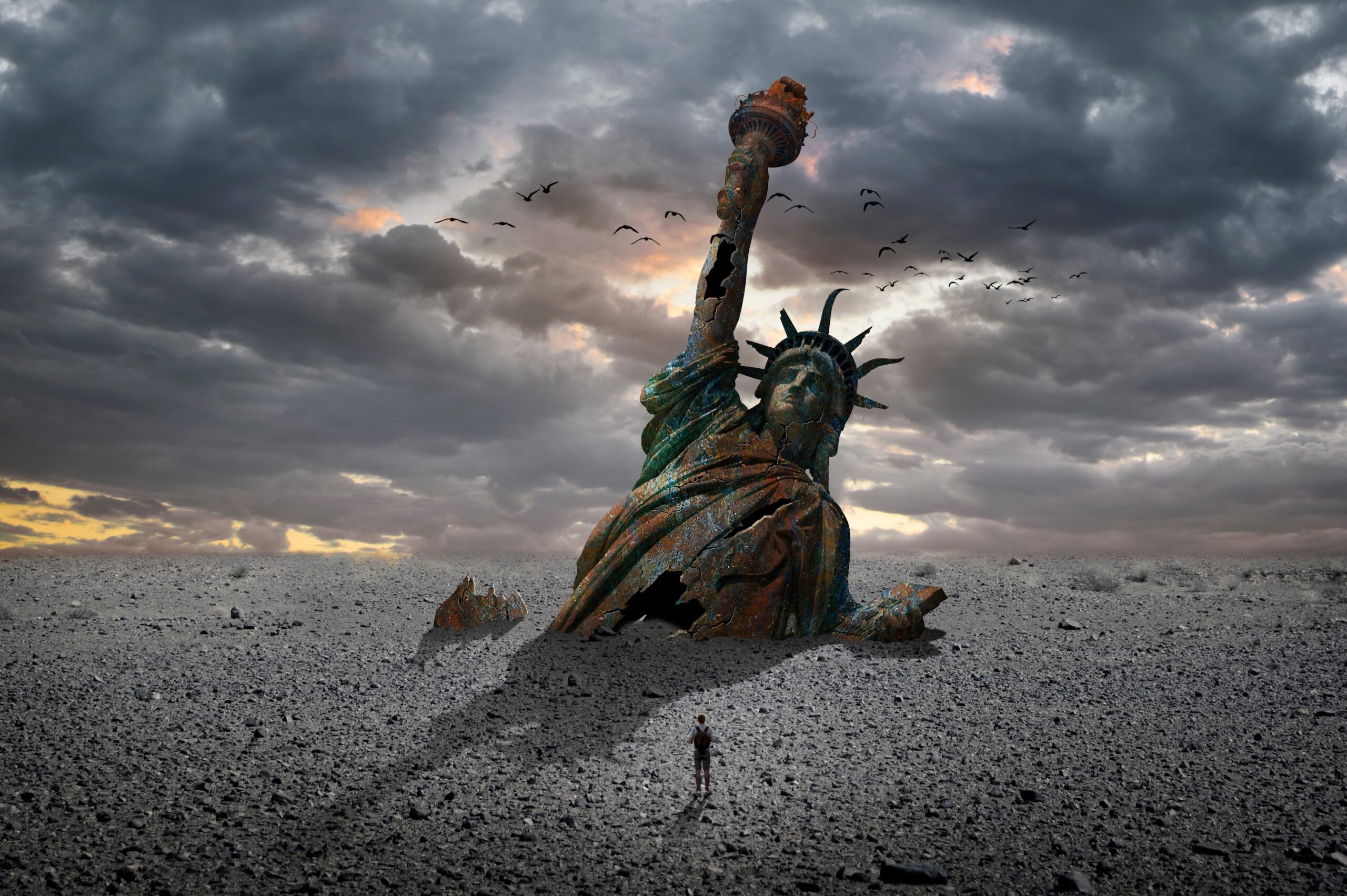 Statue of Liberty half buried in the sand with cloudy skies