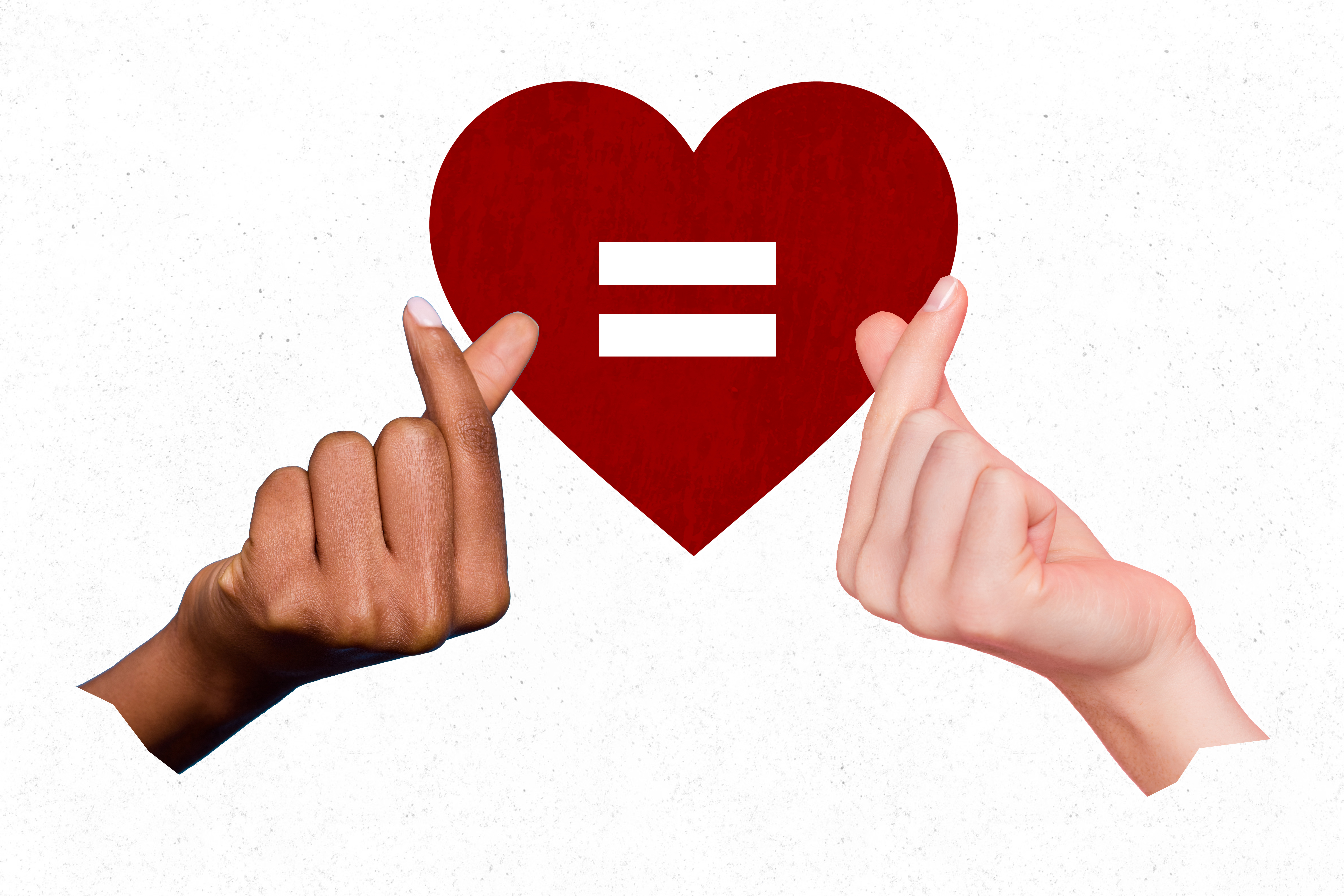 Two hands holding up heart with an "equal" symbol inside the heart