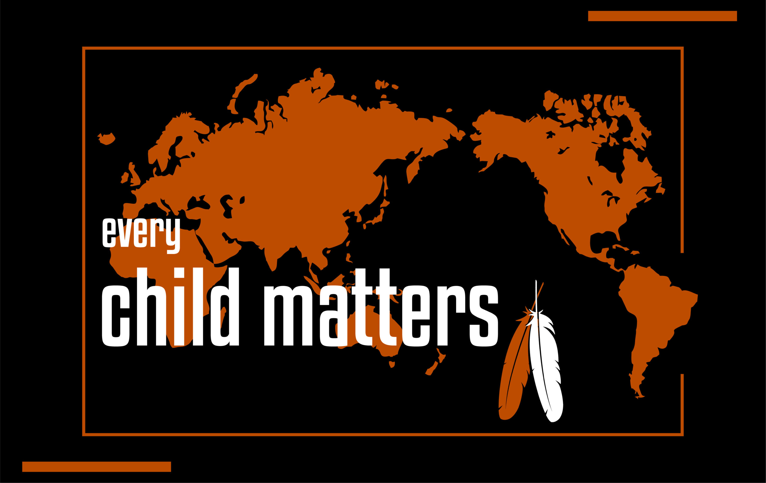 "Every child matters" written on top of a world map background with feathers