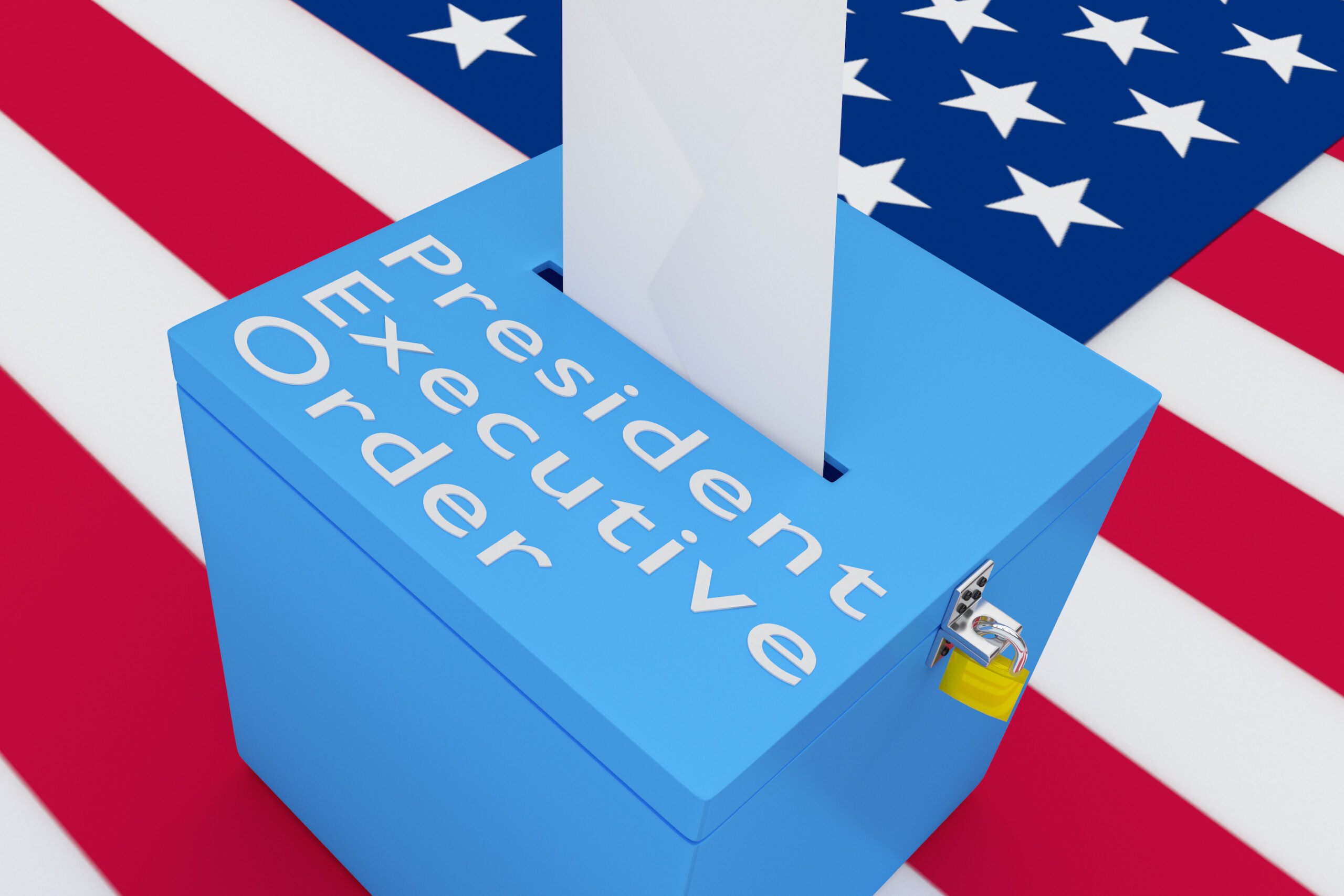 3D illustration of 'President Executive Order' script on a ballot box, with US flag as a background.