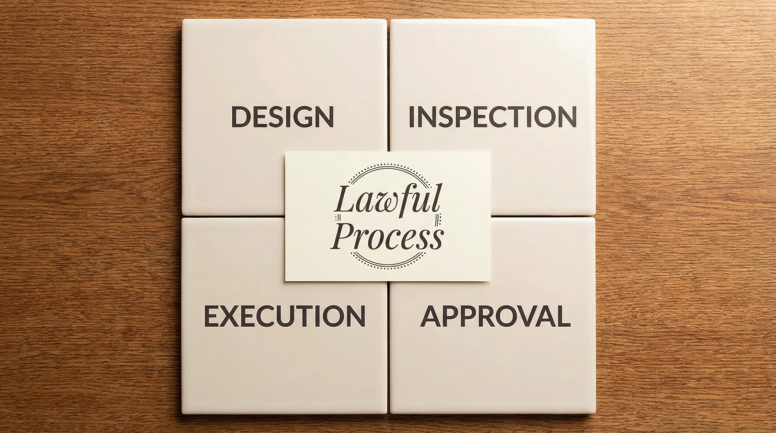 A central card labeled 'Lawful Process' is surrounded by four tiles: 'DESIGN', 'INSPECTION', 'EXECUTION', and 'APPROVAL'