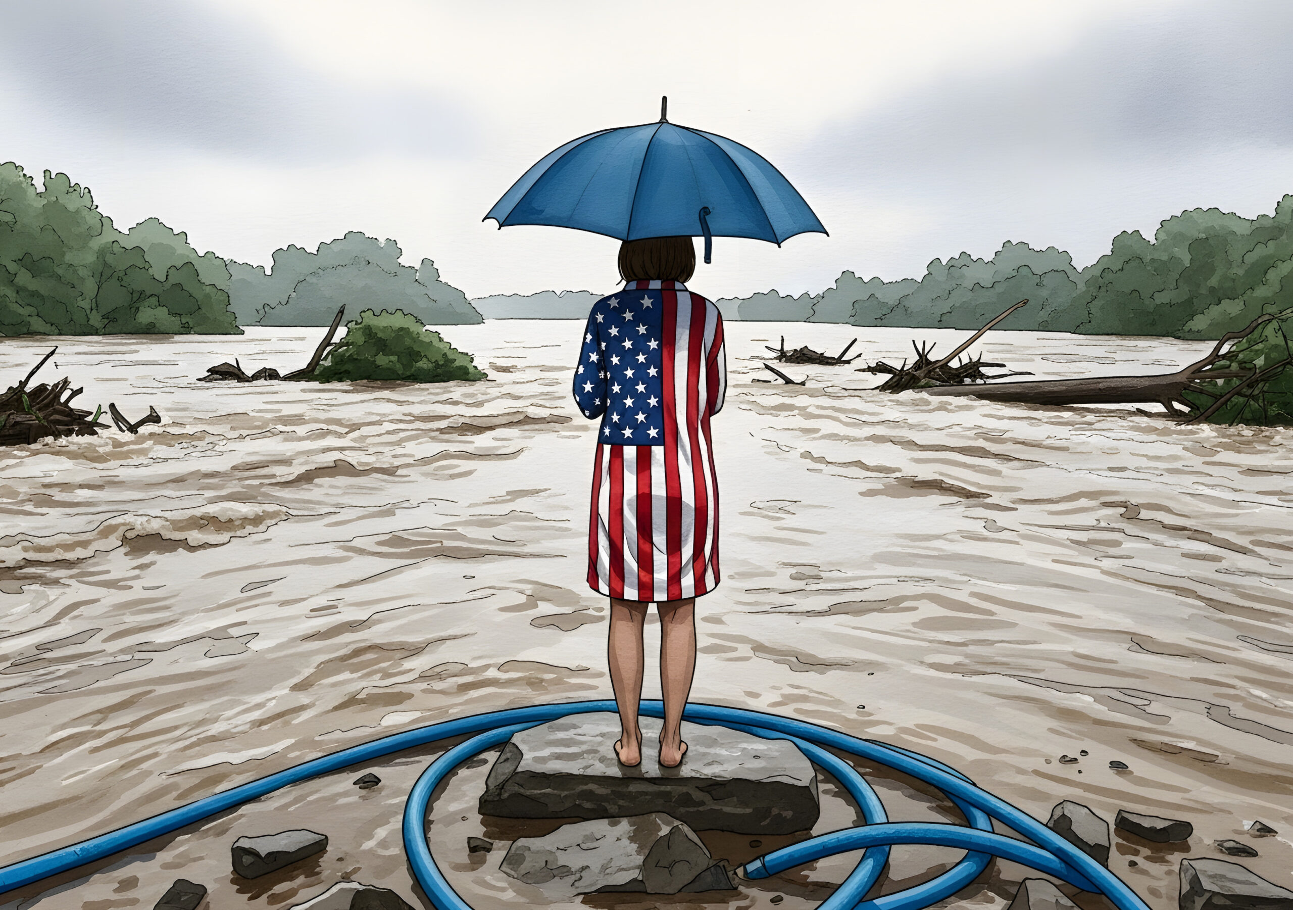 AI of woman wearing a dress with the USA flag and carrying an umbrella overlooking flooded waters