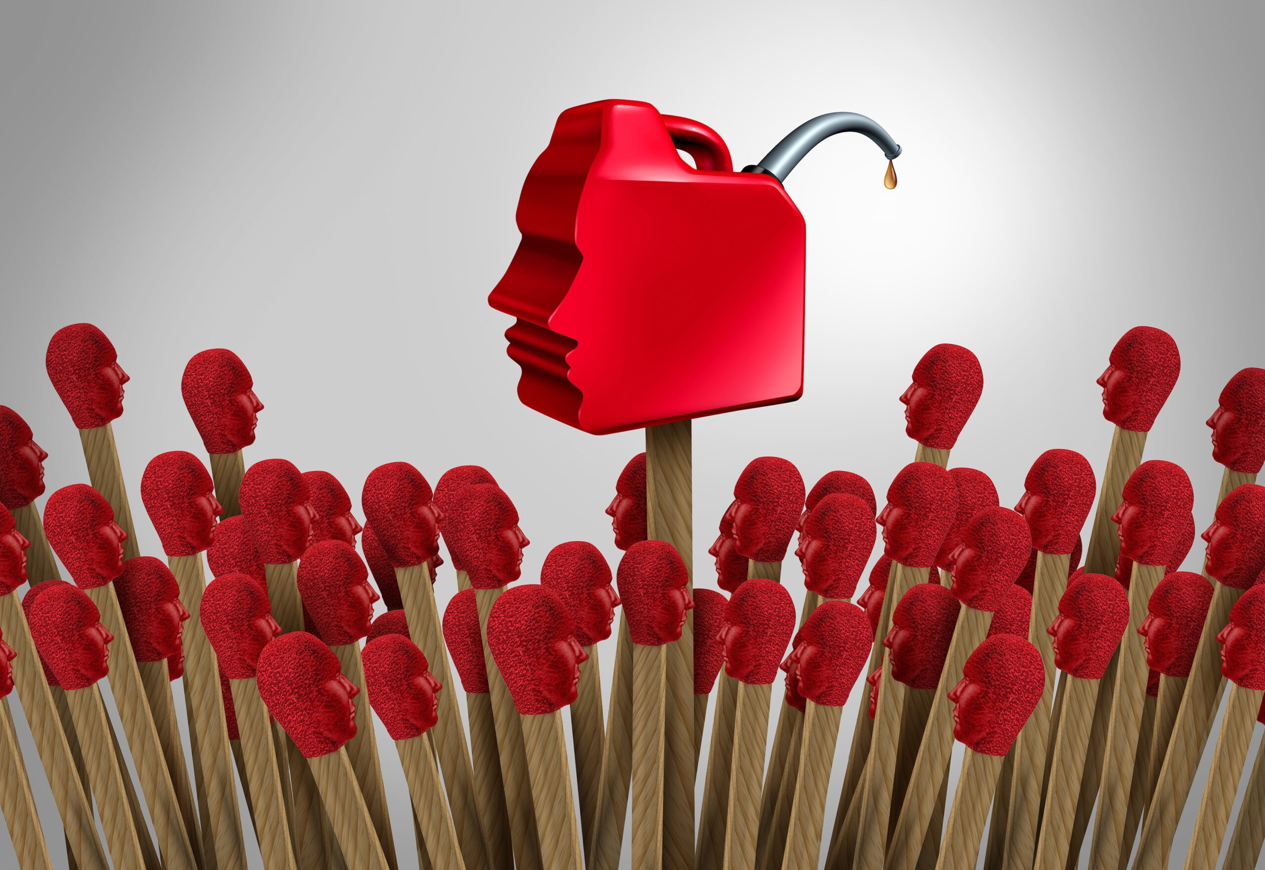 Red gas can shaped like a face sitting atop a bunch of matches, each with a matchhead shaped like a human head
