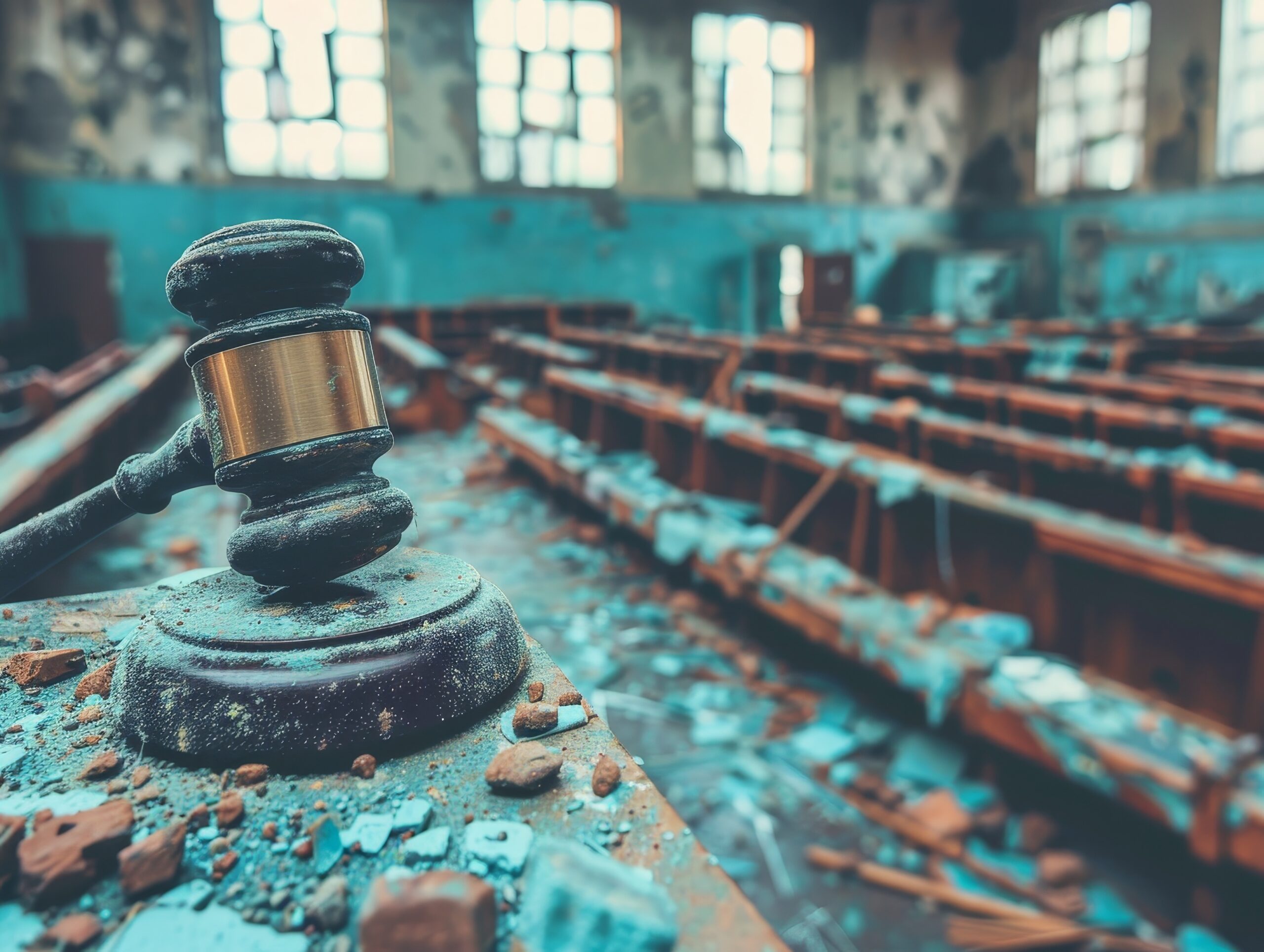 Gavel in a broken courtroom