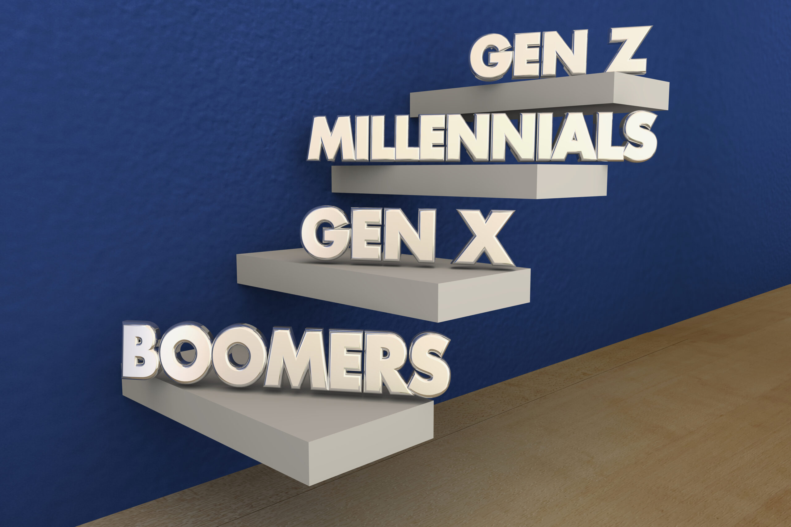 Baby Boomers Millennials Generation X Y Z 3d Illustration (Block letters on floating stairs)