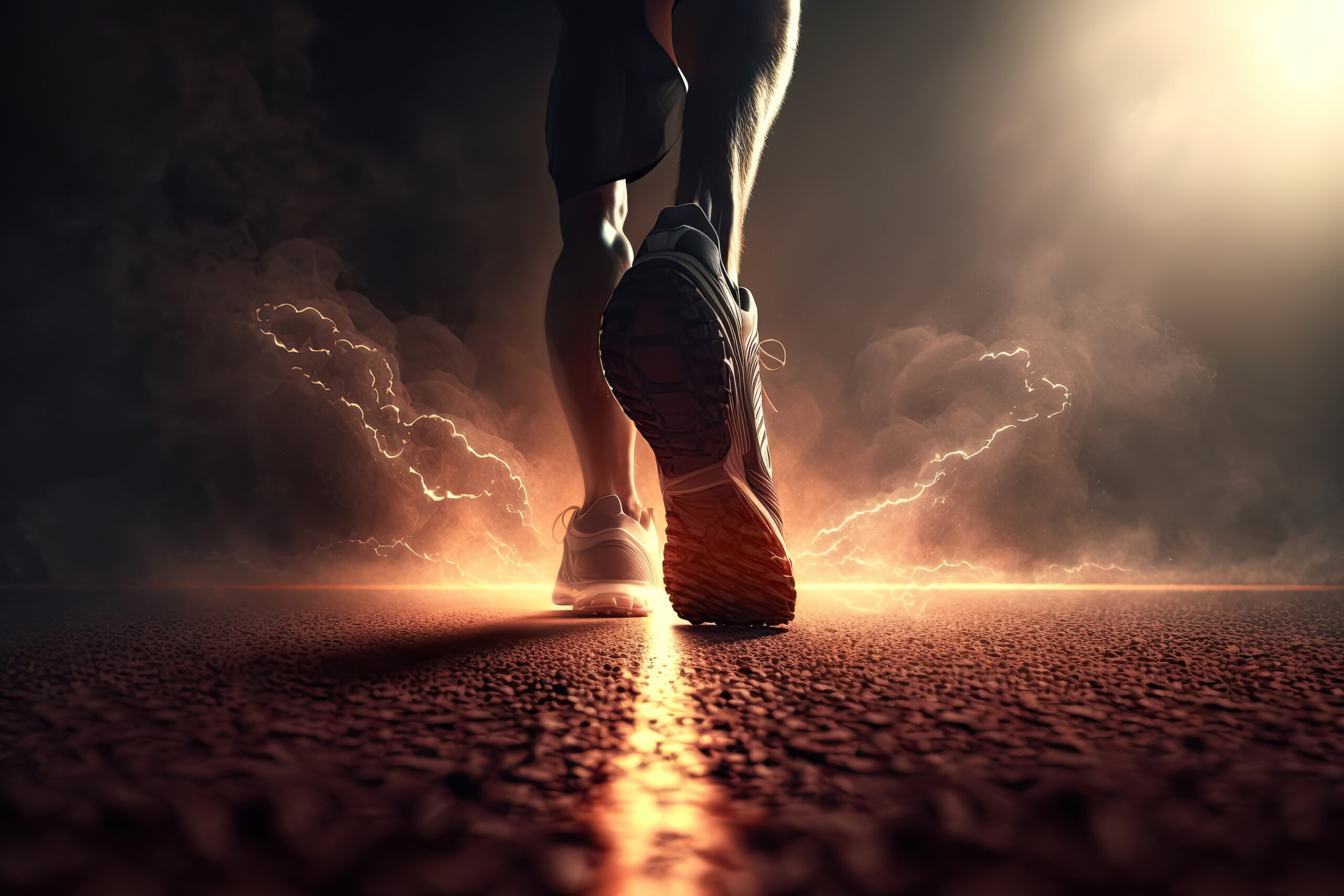 Lower legs of runner going to starting position on track with ominous lighting ahead