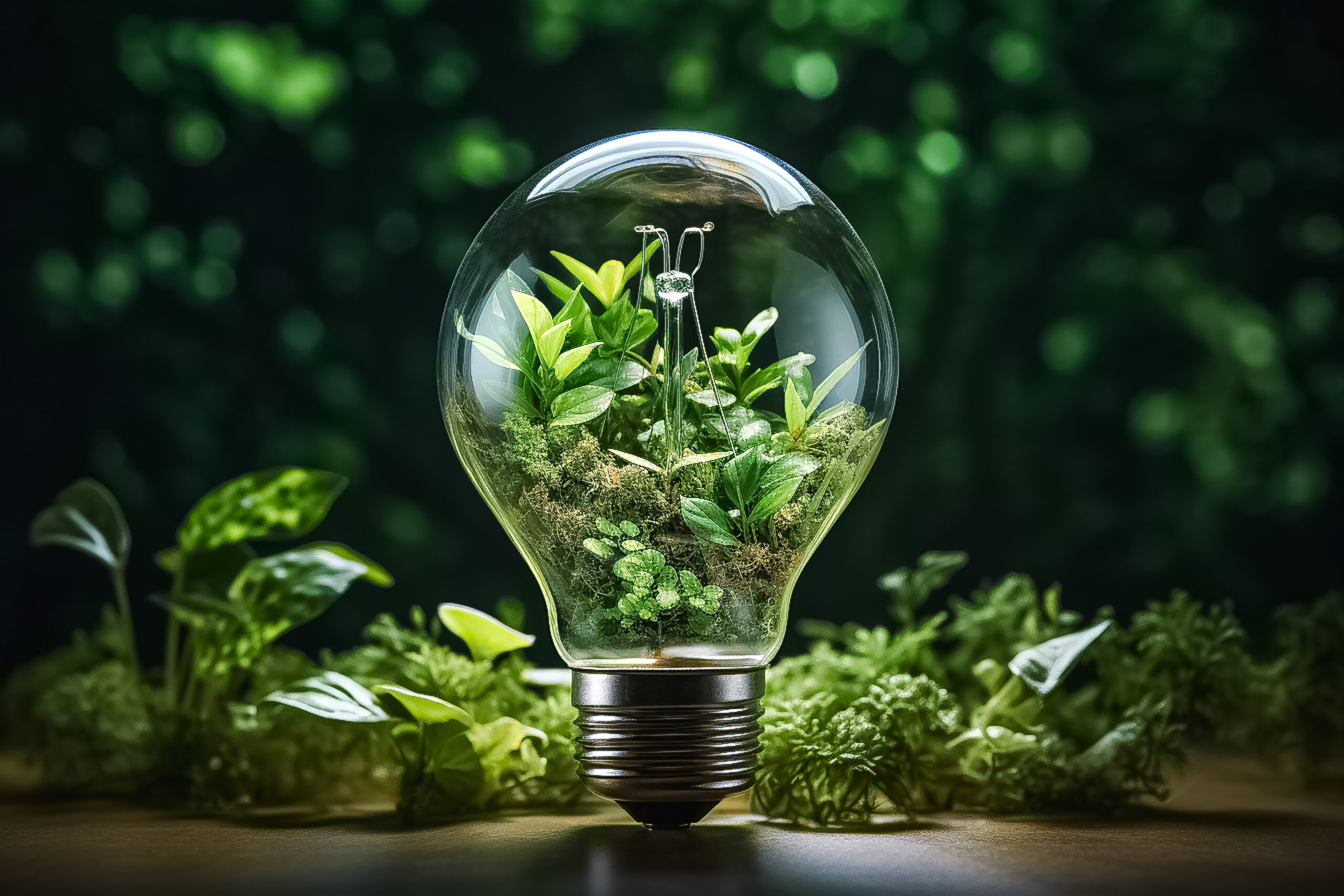 Light bulb with plants inside bulb with nature and forest background