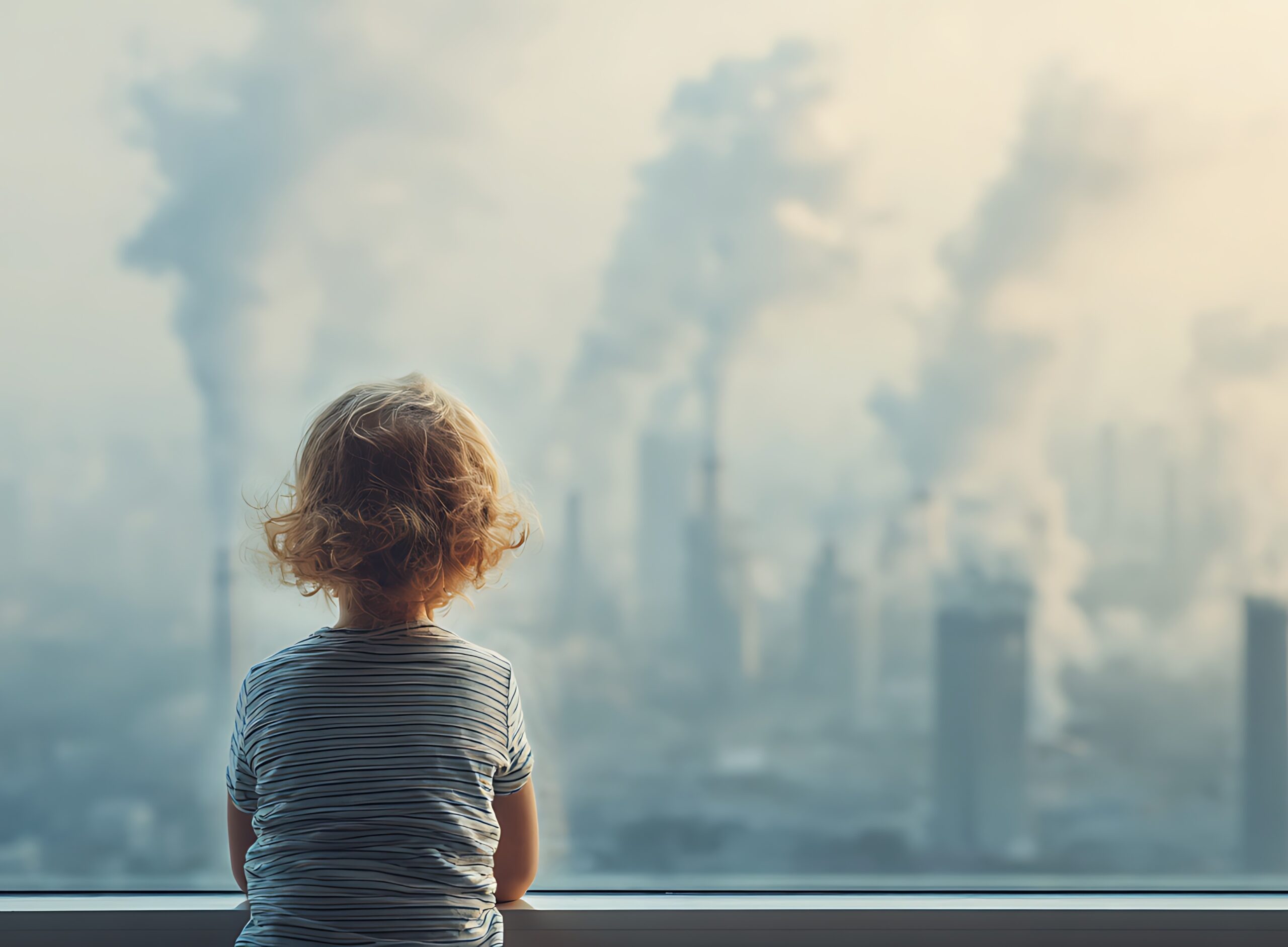 A child looks out the window at smokestacks polluting the air