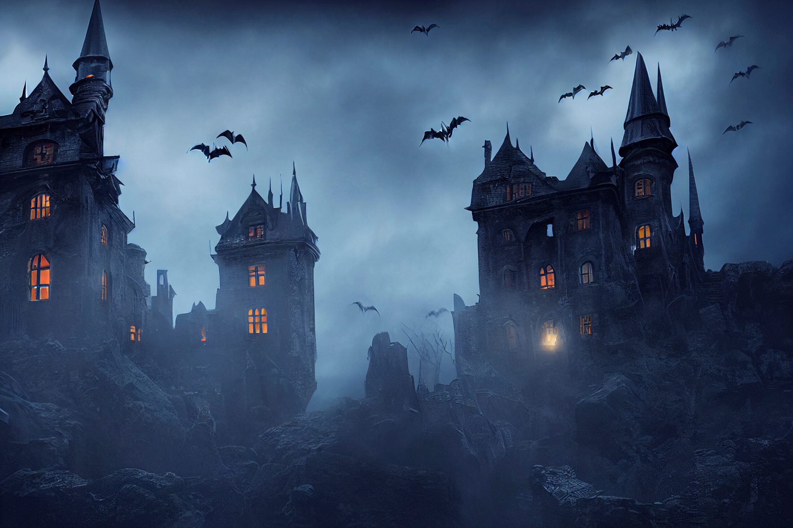 Spooky old gothic castle, foggy night, haunted mansion