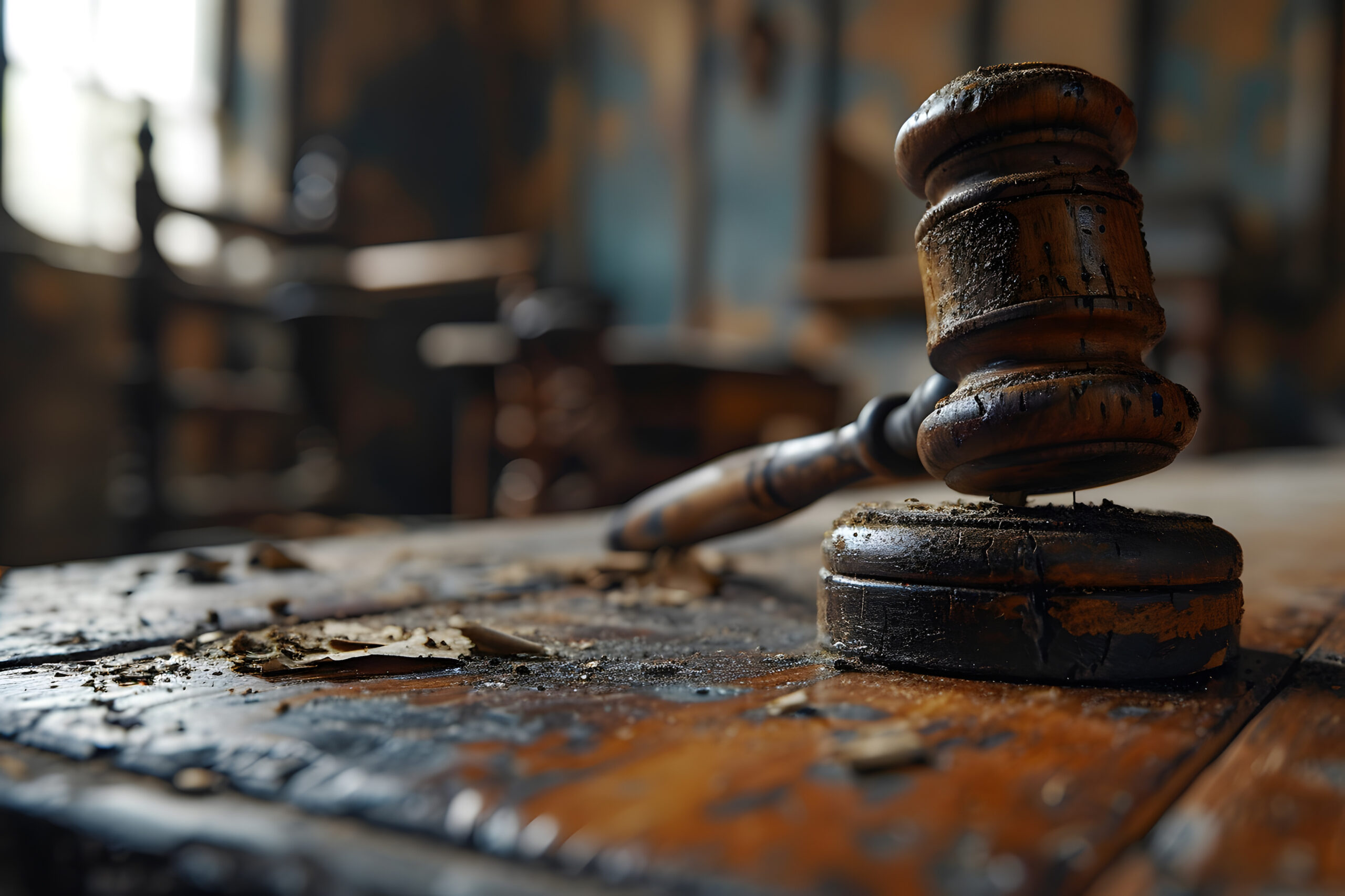 Old, broken gavel on tattered desk
