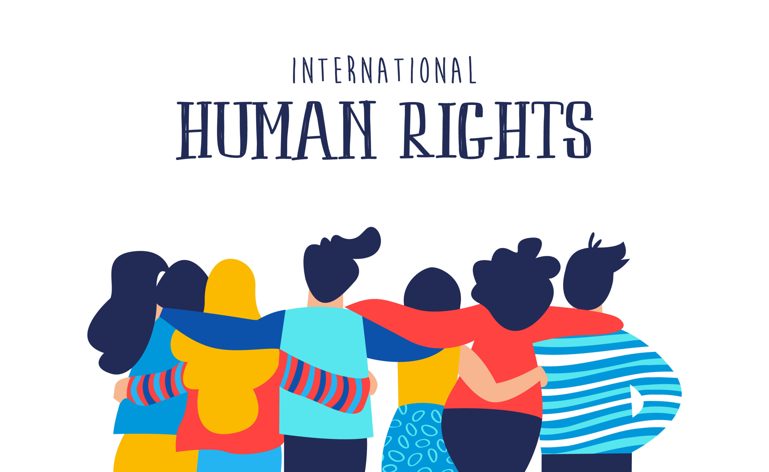 "International Human Rights" in text over cartoon graphic of diverse peoples locking arms (back view)