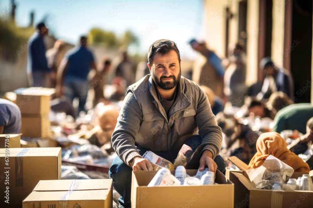 bearded man packing box of food for humanitarian aid